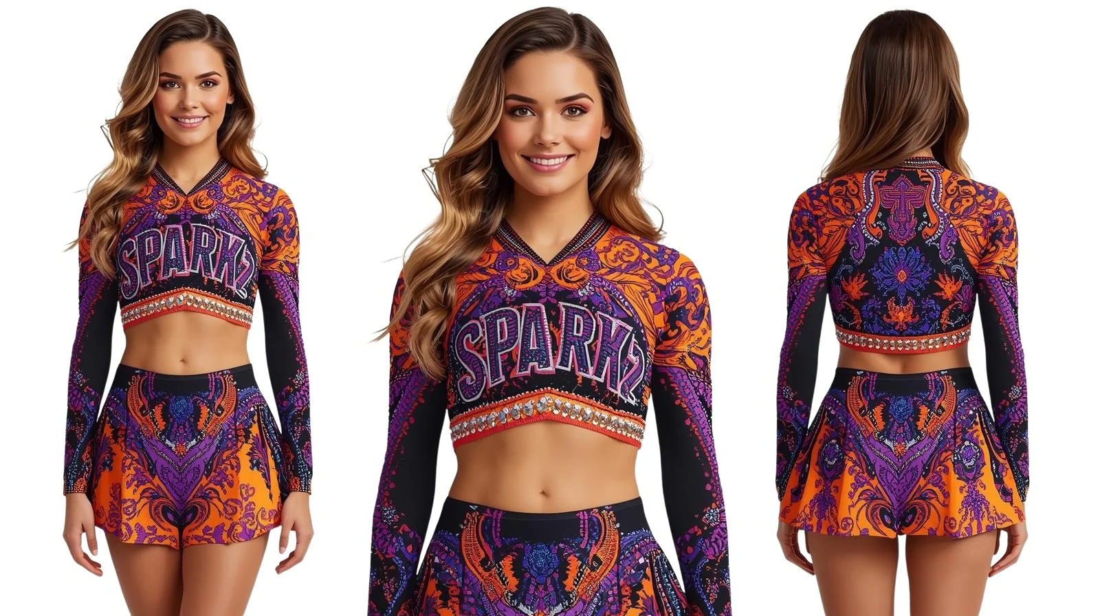 A young woman with long wavy hair wearing a colorful cheerleading uniform with the word "SPARK" on the front, seen from the front and back in three different poses.