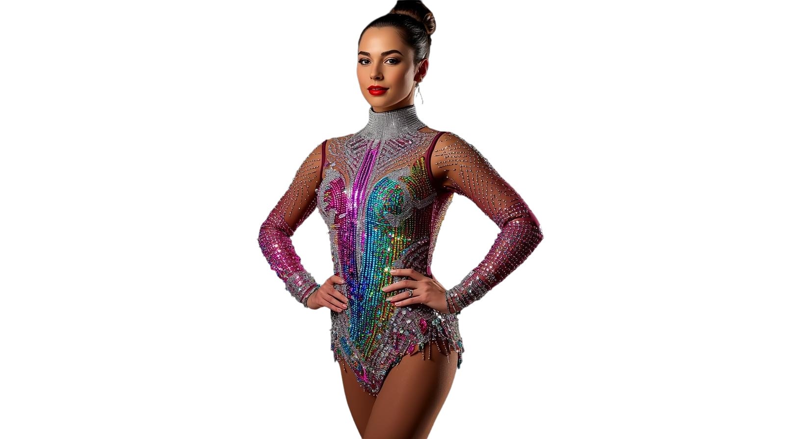A female gymnast in a colorful, rhinestone-studded leotard with long mesh sleeves, standing confidently with hands on hips, against a white background.