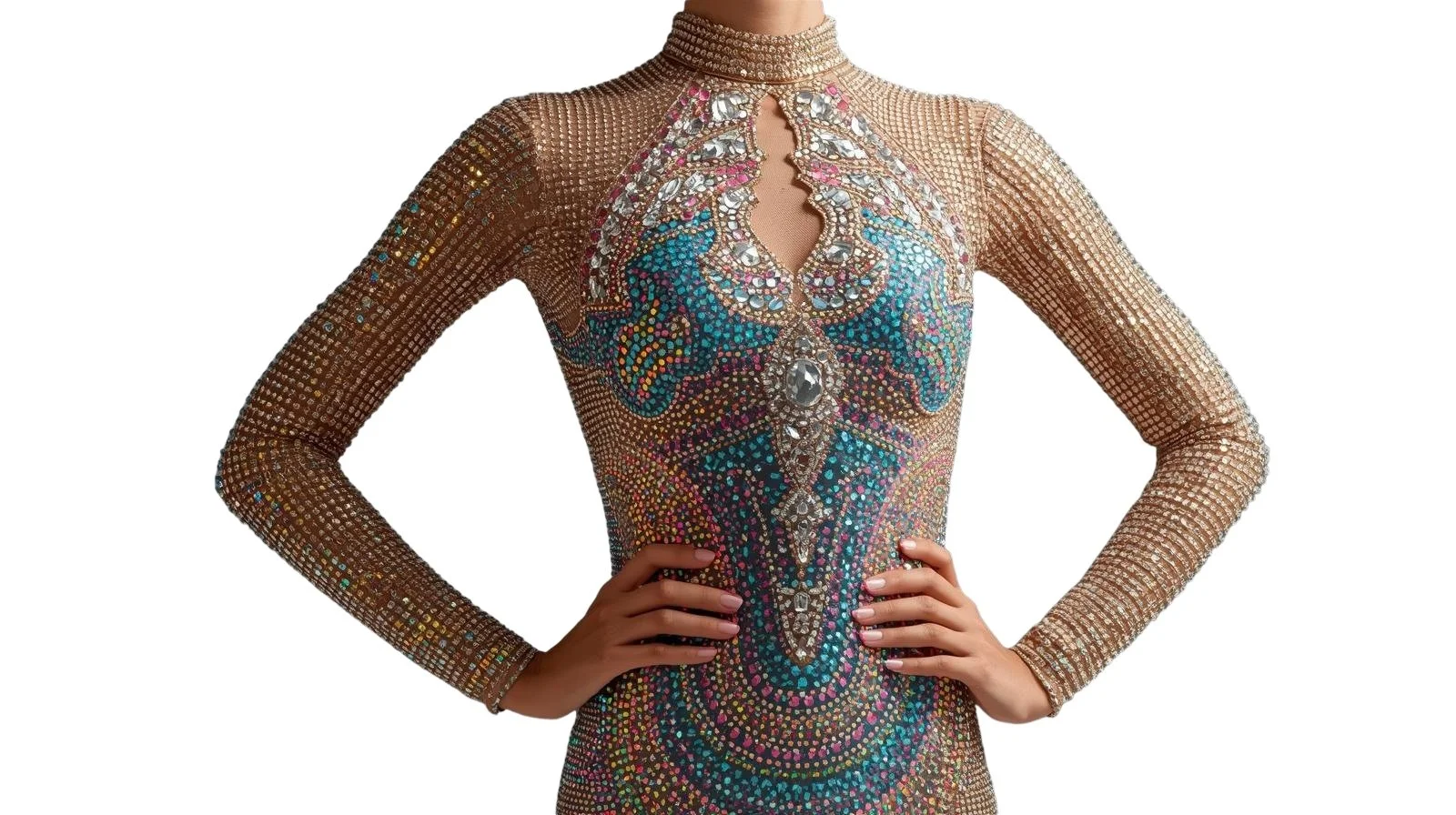 A woman wearing an elaborate, figure-hugging, long-sleeved dress adorned with intricate beadwork and colorful embellishments, featuring a high neckline and decorative cutouts.