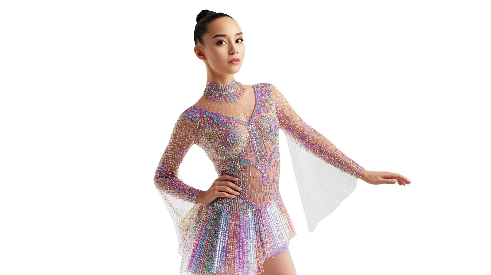A woman wearing an iridescent, bejeweled figure skating costume with long sheer sleeves and a pleated skirt, posing with her hand on her hip.