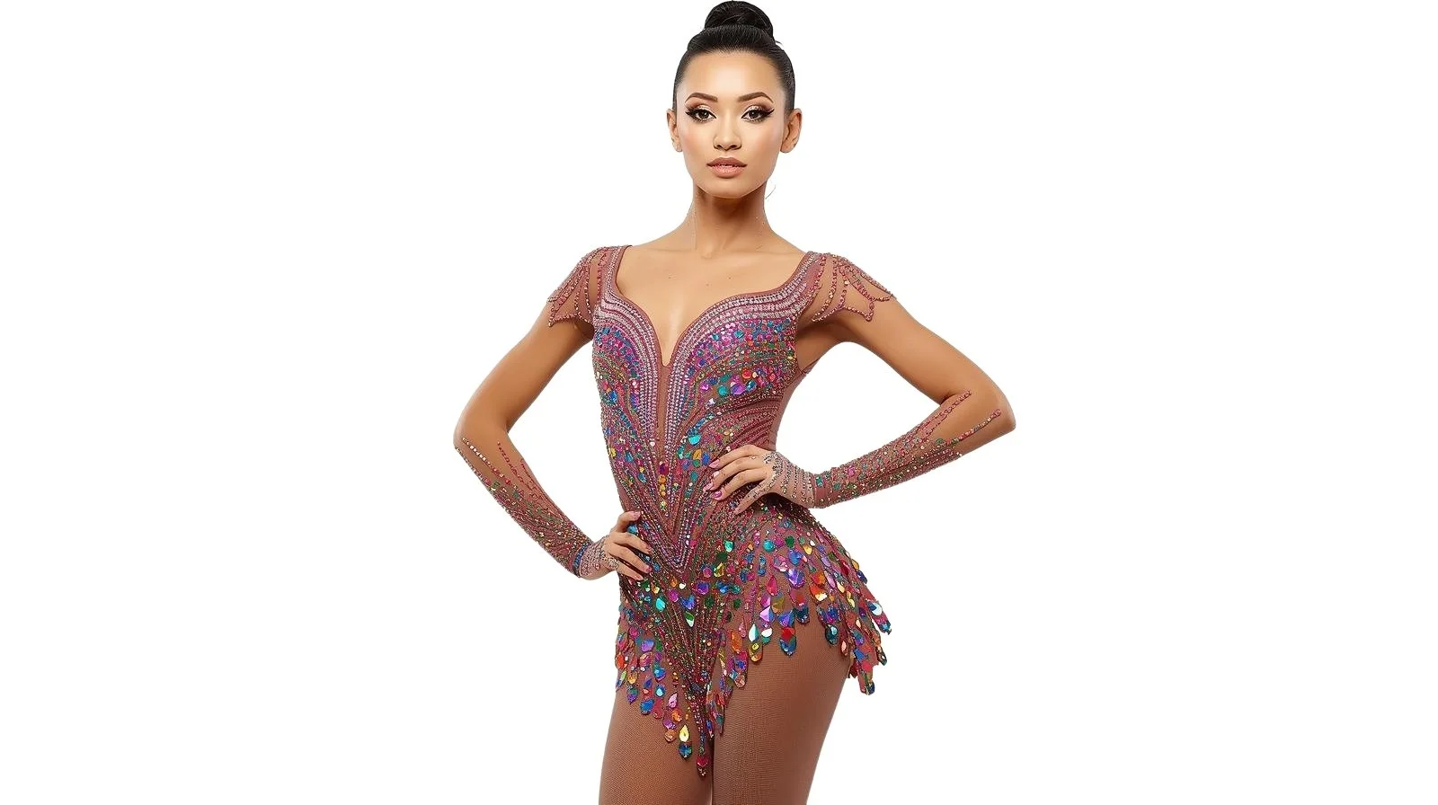 A woman in a colorful, jewel-adorned figure skating dress with a plunging neckline, long sleeves, and a mini skirt