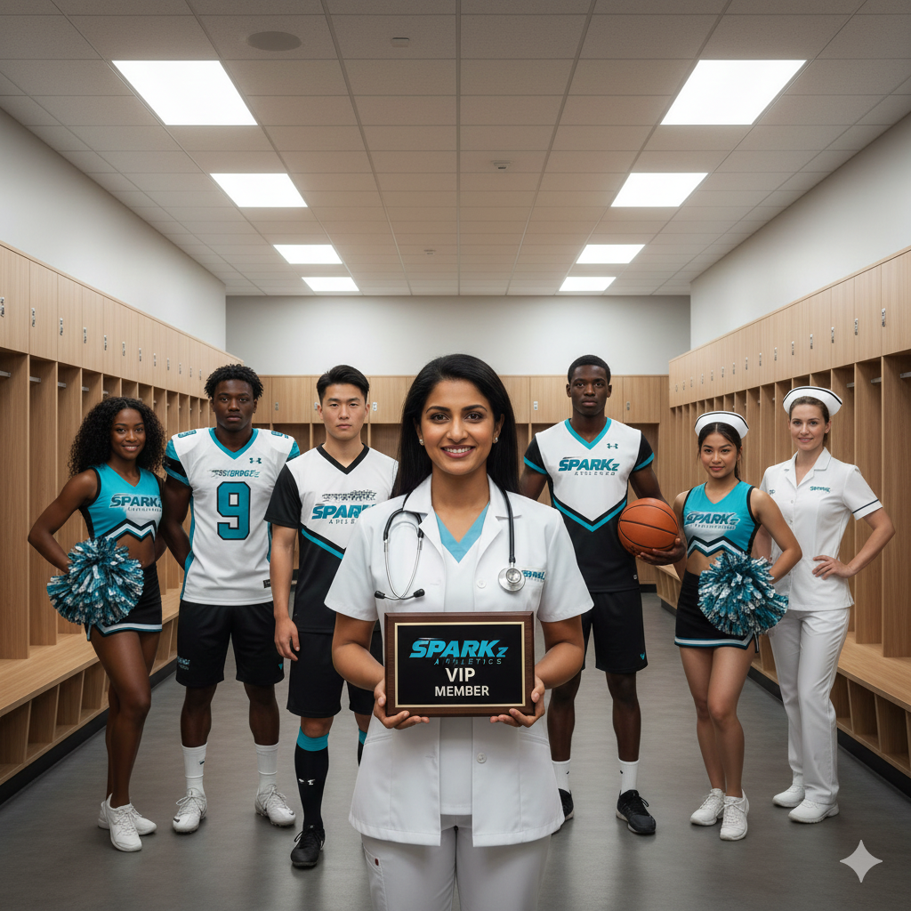 A diverse group of individuals, including cheerleaders in blue and black uniforms, football players in black and white uniforms, and a nurse, standing in a locker room. The woman in the center, dressed as a doctor, holds a sign that says 'VIP MEMBER' and is smiling at the camera.
