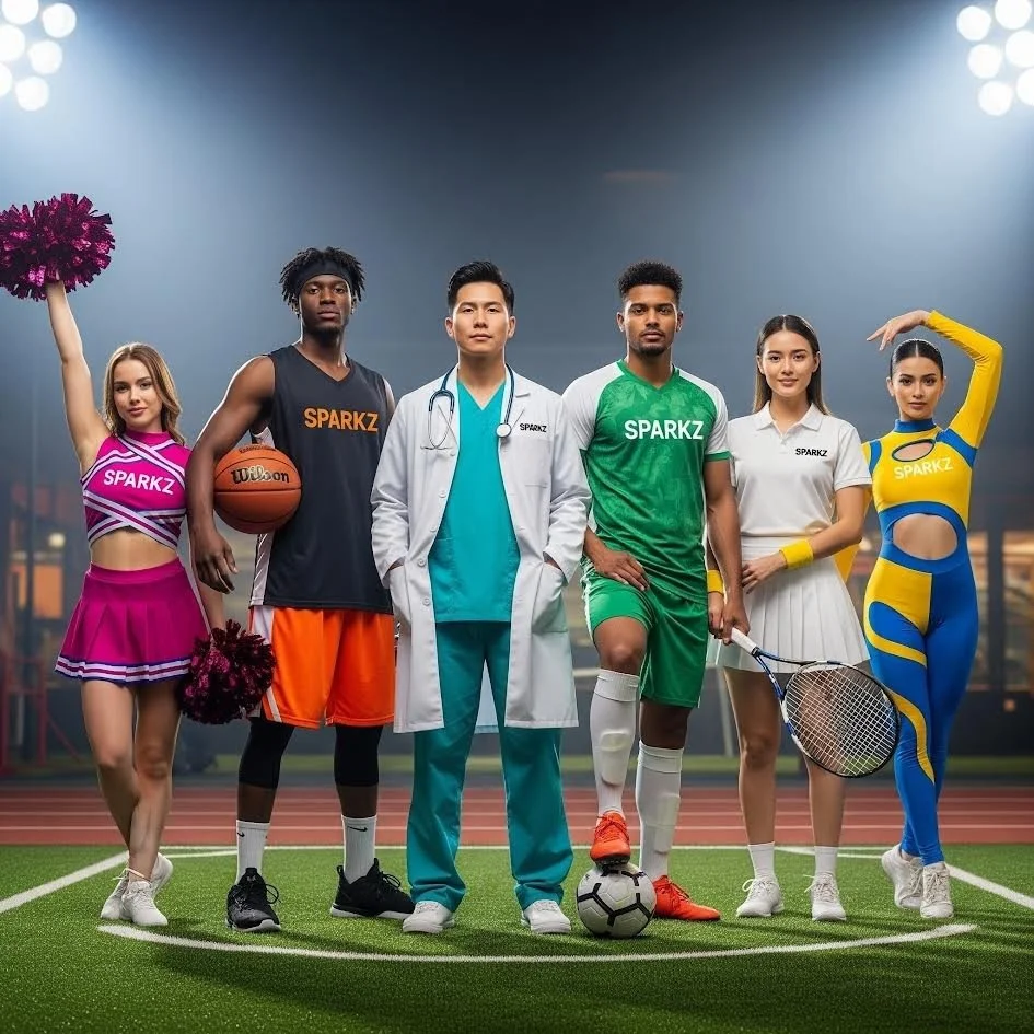 Group of six diverse individuals, including cheerleaders, athletes, and a doctor, standing on a sports field at night, representing various sports.