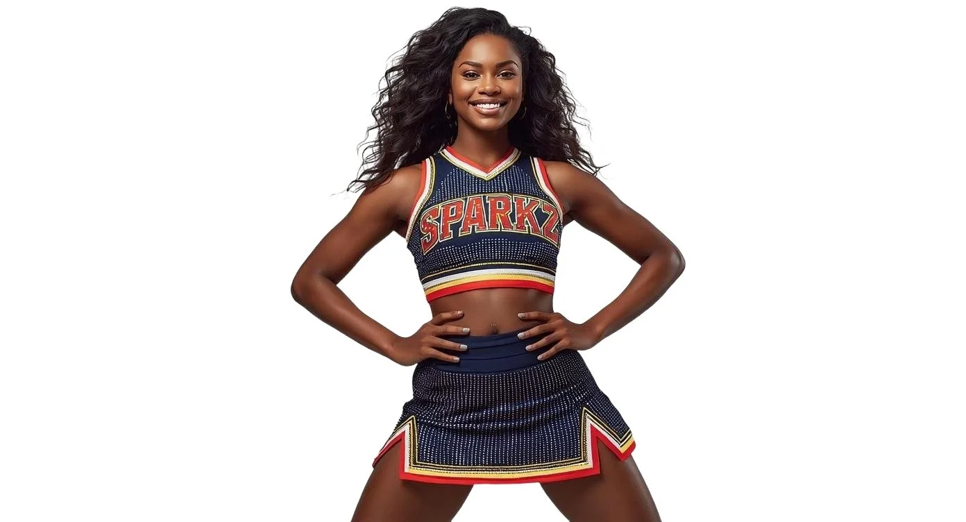A young African American woman with long, curly black hair, wearing a cheerleading uniform with the word 'SPARKZ' on the top, smiling confidently with her hands on her hips, standing against a plain white background.