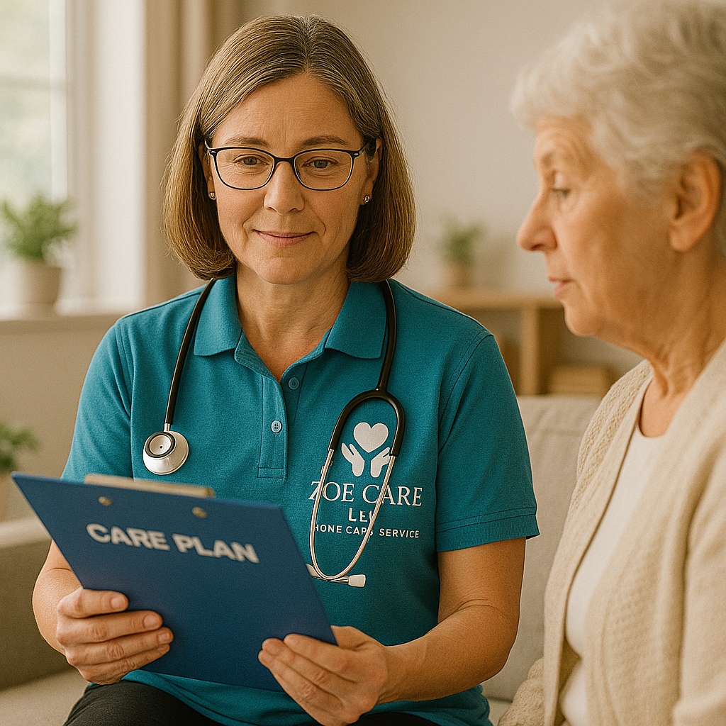 A healthcare worker wearing glasses and a teal polo shirt with a stethoscope around her neck, holding a blue clipboard labeled 'CARE PLAN,' discussing with an elderly woman with white hair dressed in a beige sweater.