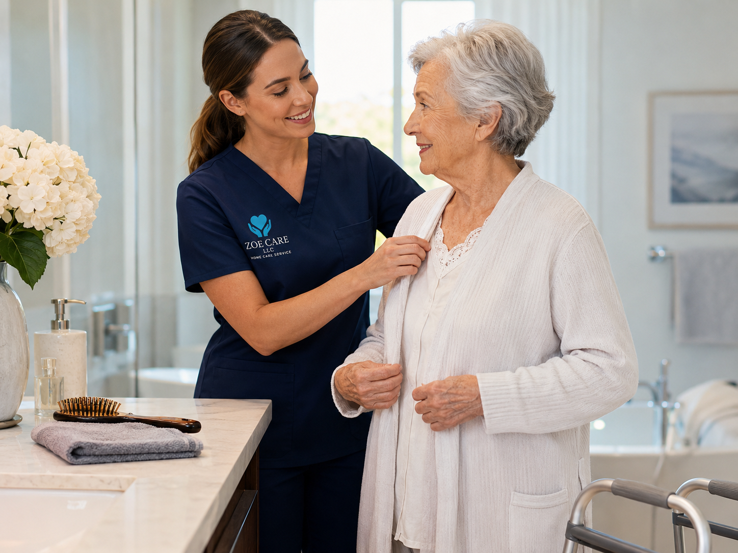 A young man in a turquoise polo shirt with 'ZOE CARE' logo holding hands with an elderly woman outdoors in a residential neighborhood, both smiling and engaging in conversation.