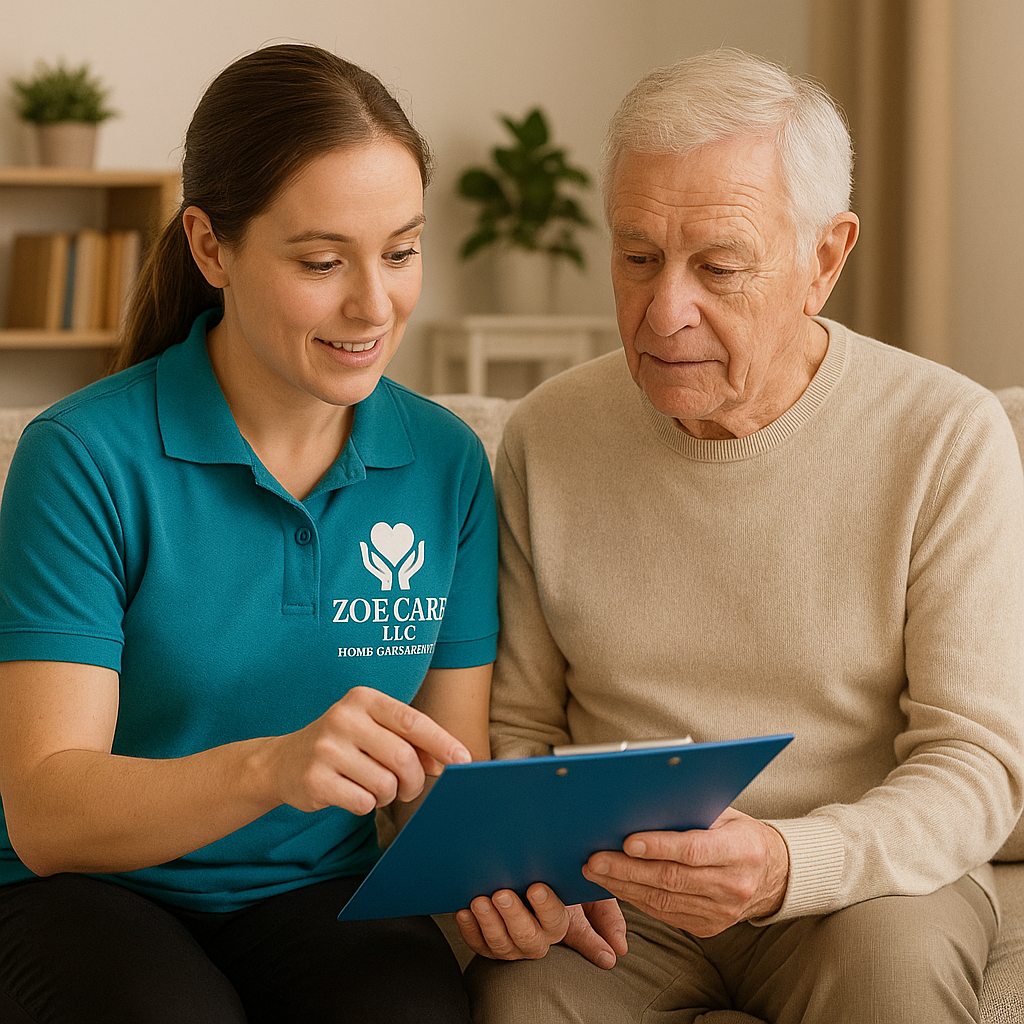 A young woman wearing a teal polo shirt with a logo and a senior man sitting on a couch looking at a blue clipboard, engaging in a caring conversation indoors.