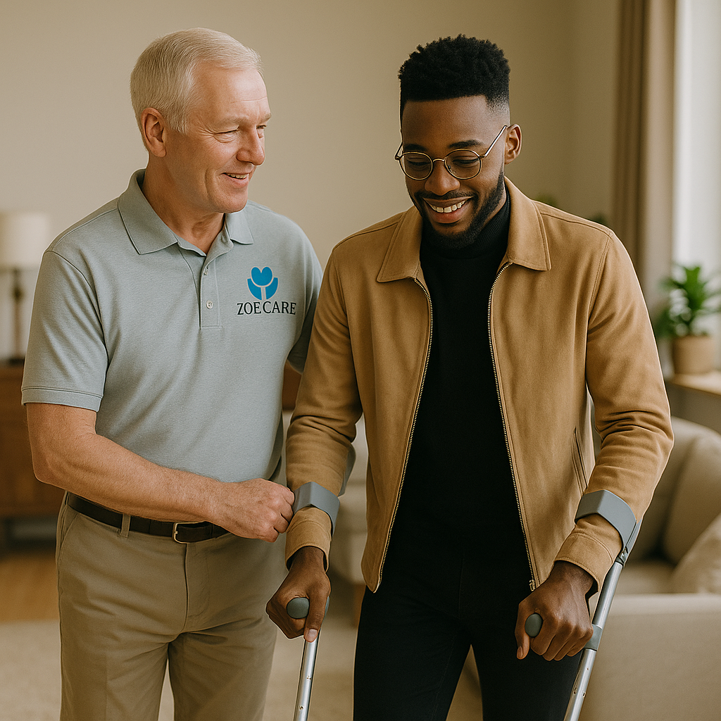A caregiver with gray hair and a gray polo shirt with 'ZOE CARE' logo assisting a young man with dark skin, black hair, glasses, and a tan jacket, using crutches in a living room.