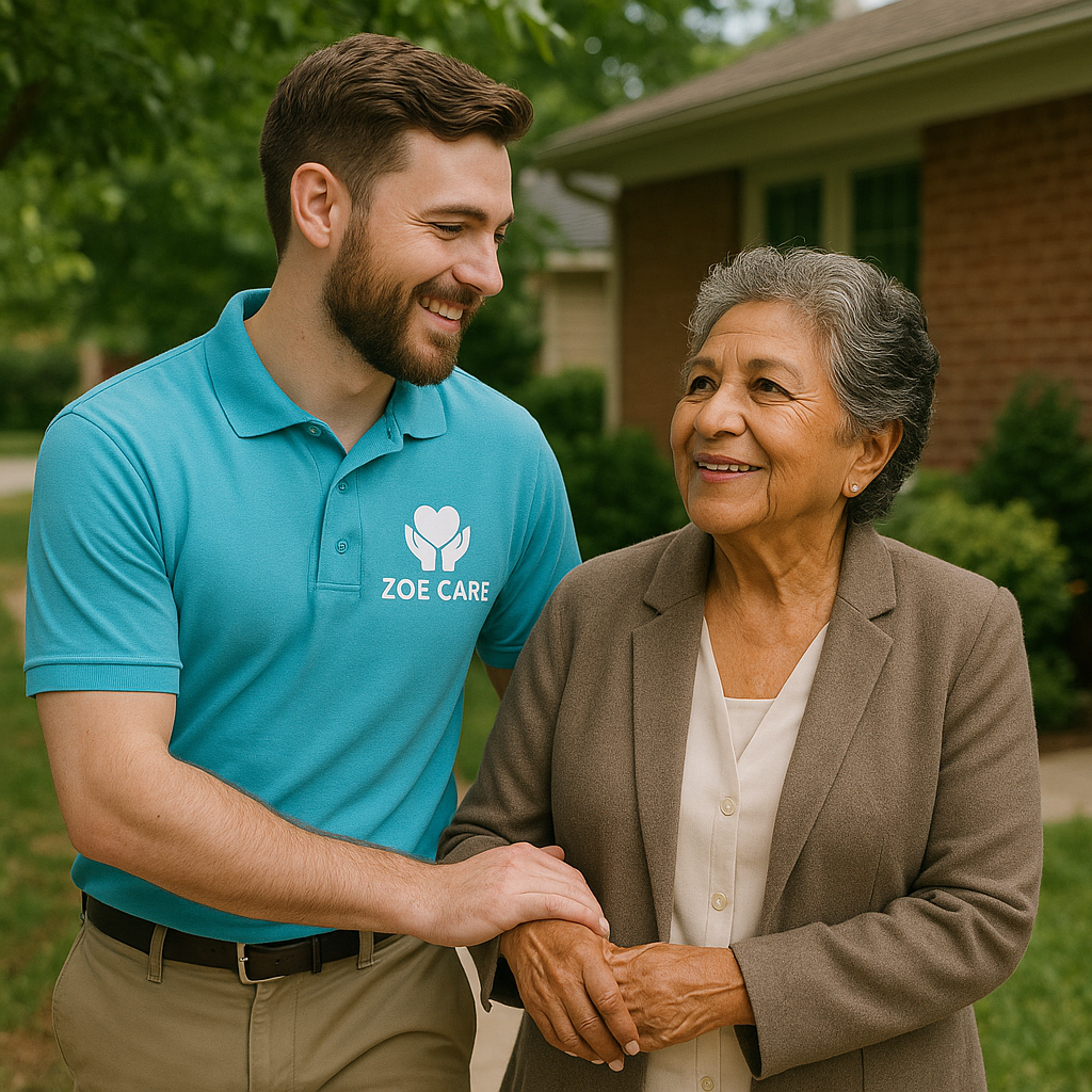 A young man in a turquoise polo shirt with 'ZOE CARE' logo holding hands with an elderly woman outdoors in a residential neighborhood, both smiling and engaging in conversation.