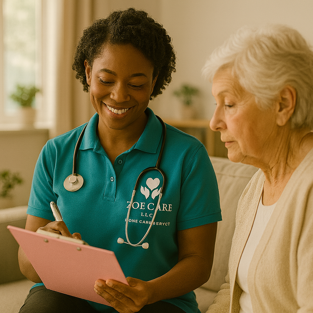 A healthcare professional, wearing a teal polo shirt with the logo 'JOE CARE LLC', is seated next to an elderly woman. The professional has a stethoscope around her neck and is holding a pink clipboard, smiling as she interacts with the woman. The setting appears to be a home or clinic with a blurred background and natural light.