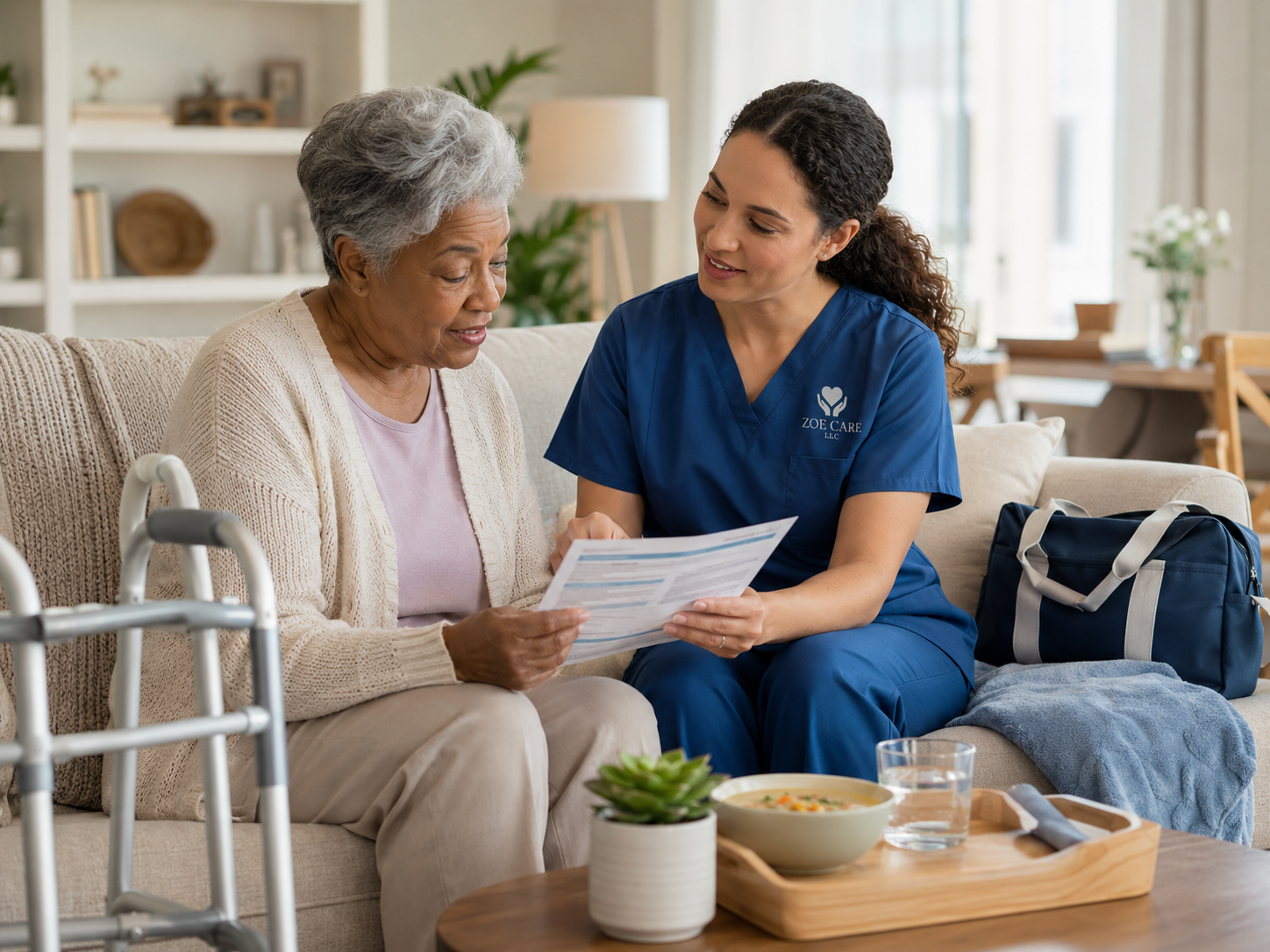 A young man assisting an elderly woman with a walker in a bright, modern indoor setting.