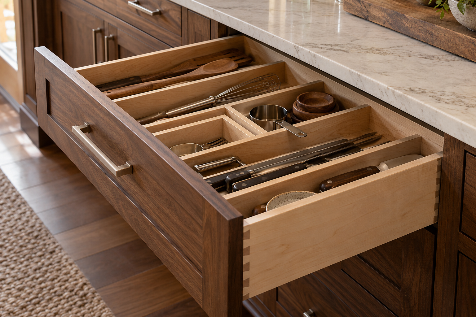 Open kitchen drawer with wooden utensils, metal whisks, bowls, and knives organized in sections, part of a wooden kitchen cabinet with a marble countertop.