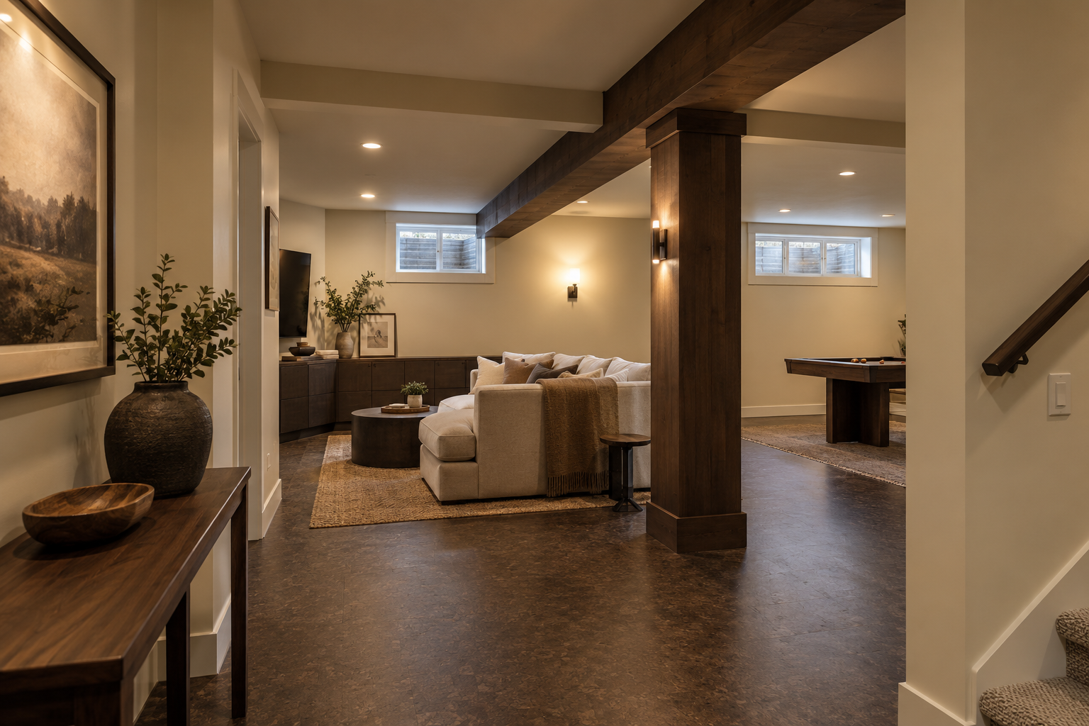 Living room with beige sectional sofa, dark wooden coffee table, beige wall with several windows, and a corner with a TV and sideboard decorated with plants and framed pictures.