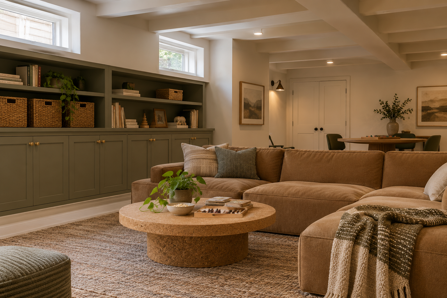 Living room with beige sectional sofa, round cork coffee table with books and a plant, built-in shelves with baskets and books, and a dining area with a round table and chairs, decorated with framed artwork and indoor plants.