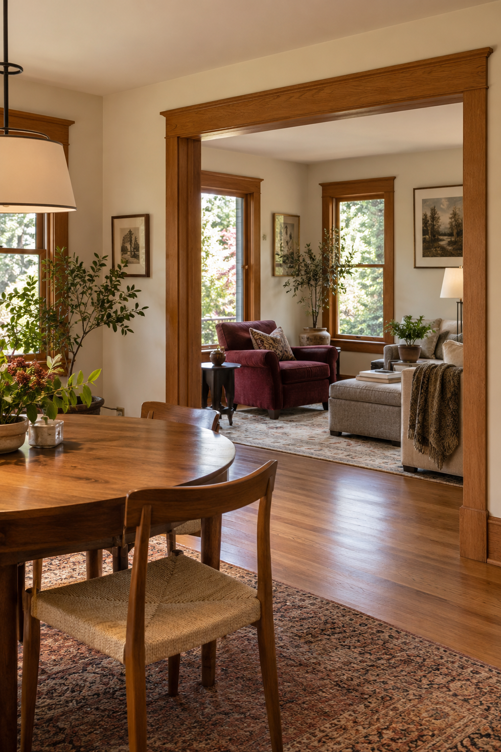 A cozy living room with large windows, a red armchair, a beige sofa with a blanket, potted plants, framed art, and a wooden dining table with chairs.