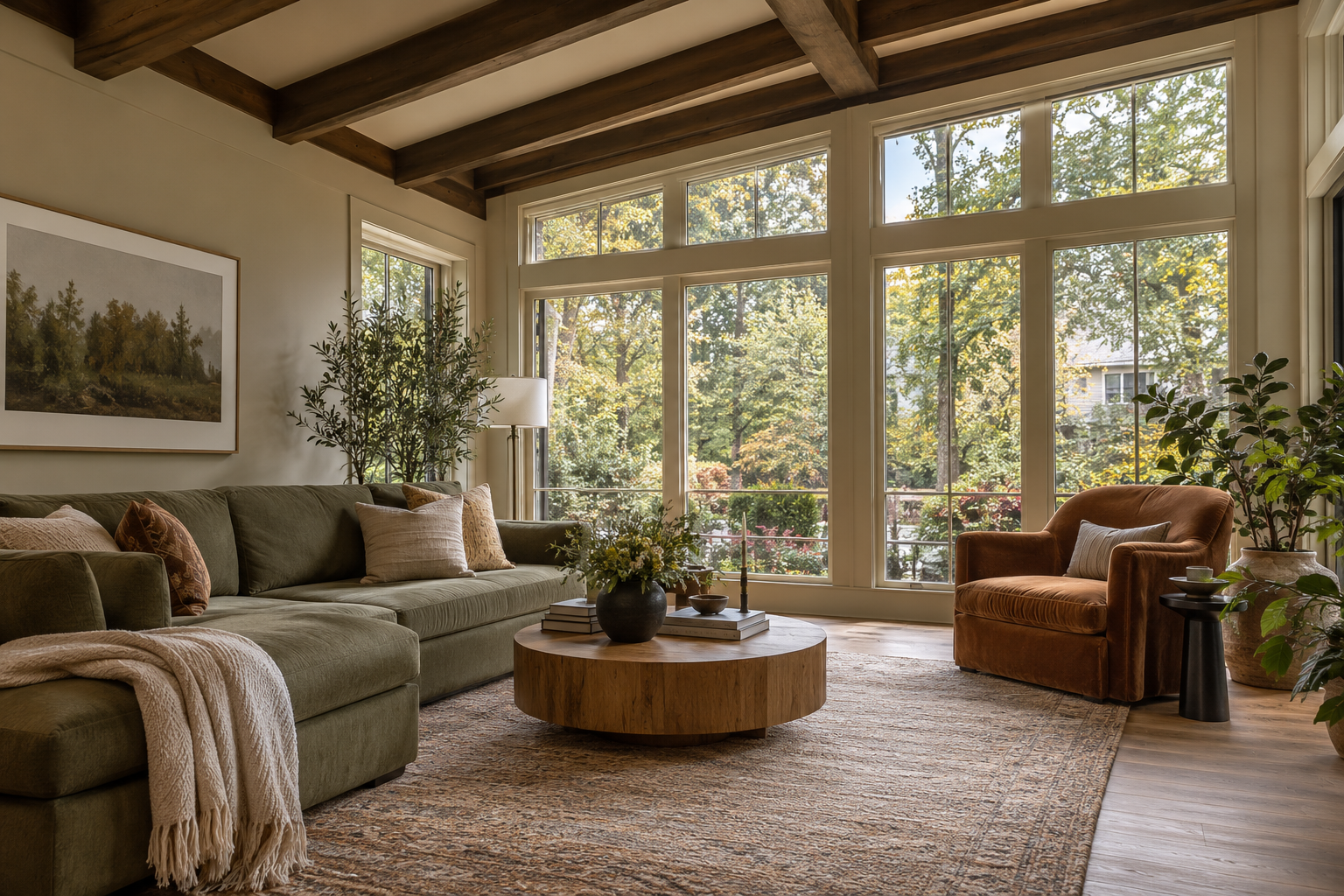 Living room with large windows showing trees outside, green sofa with pillows, orange armchair with pillow, wooden coffee table with books and flowers, potted plants, and framed landscape artwork on the wall.