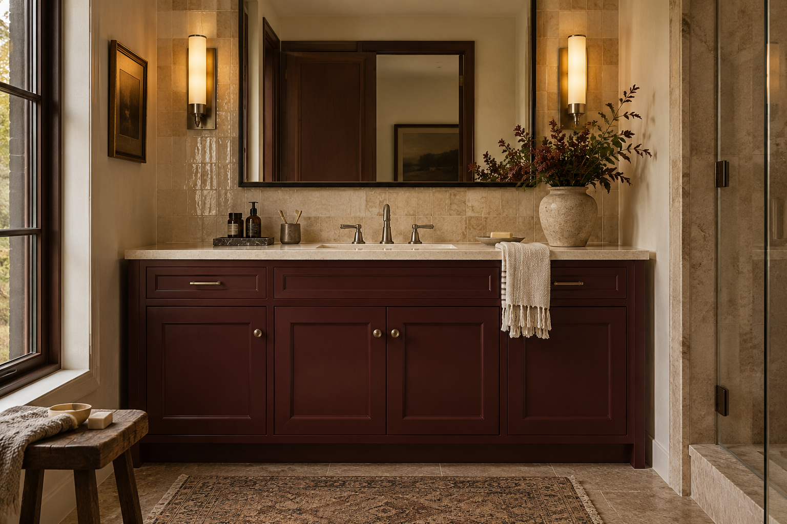 Bathroom vanity with a large mirror, burgundy cabinets, and a beige countertop, decorated with a vase of flowers, soap, and skincare bottles.