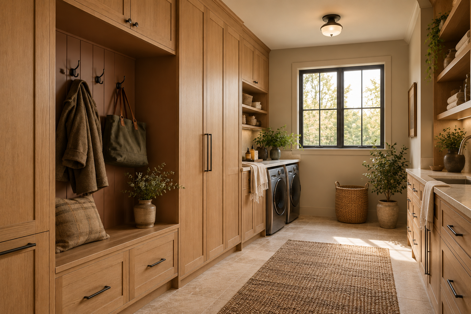 A spacious laundry room with wooden cabinetry, a large window, potted plants, a washing machine and dryer, and neutral-colored decor.