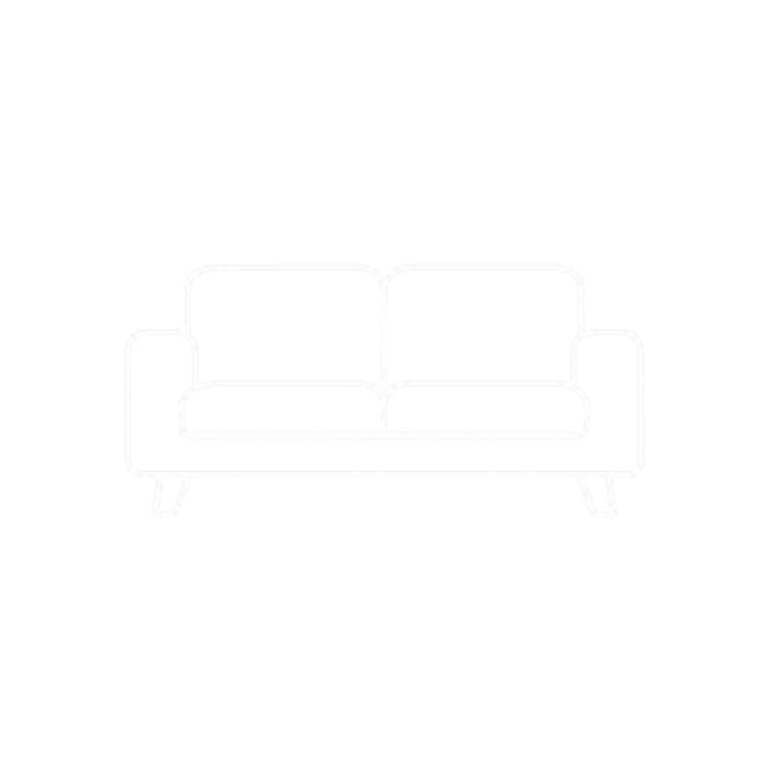 Outline drawing of a modern sofa with a mid-century style, featuring clean lines and a minimal design, positioned on a solid white background.