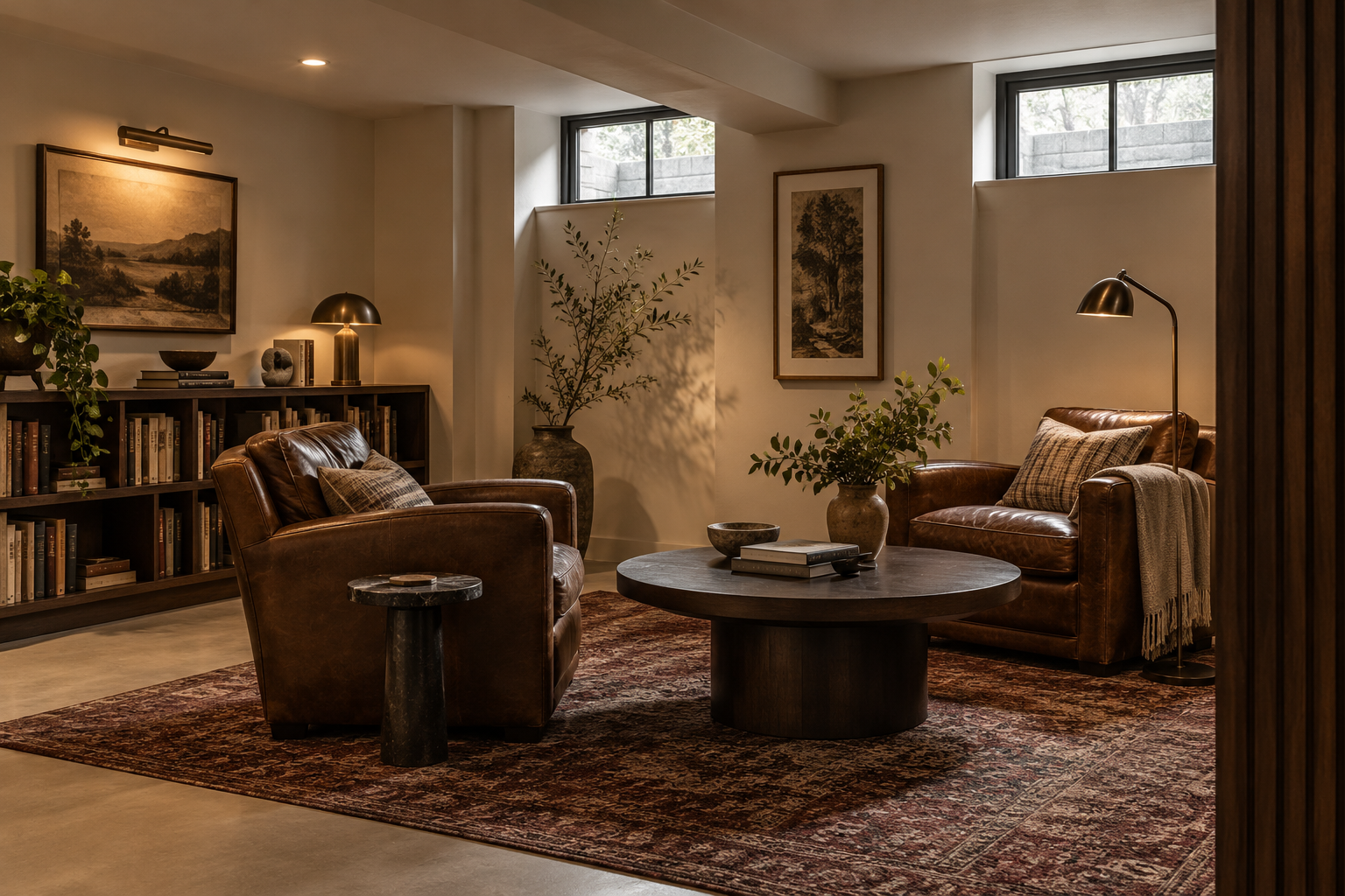 Cozy living room with leather armchairs, a round coffee table, a bookshelf, framed artwork, and indoor plants with soft lighting.