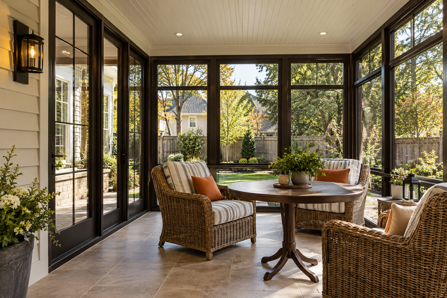 Sunroom with wicker chairs, a round wooden table, and large windows showing a backyard with trees and a fence.