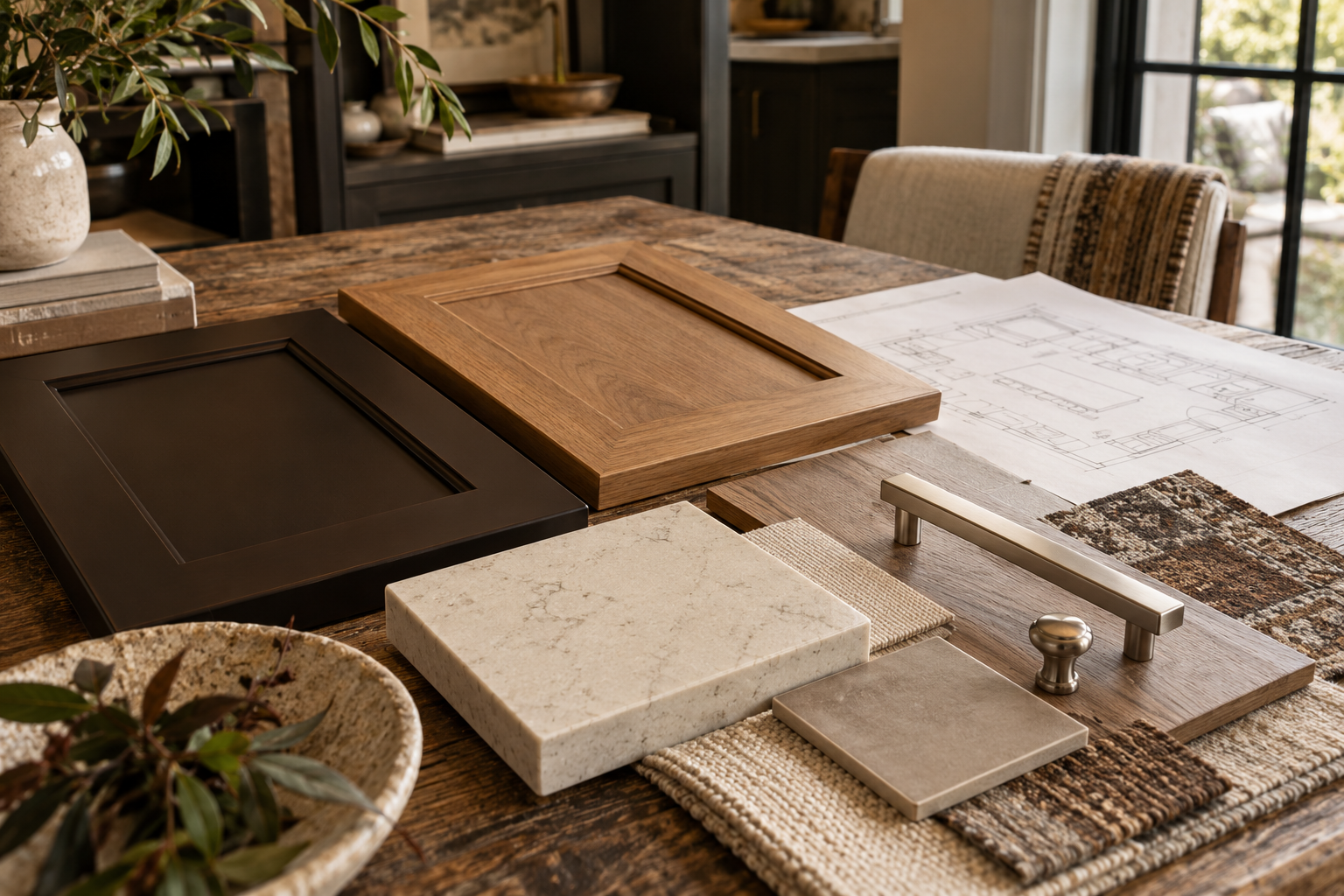 A tabletop with various material samples and color swatches, including wood, stone, and industrial finishes, with a blueprint and decorative items in the background.