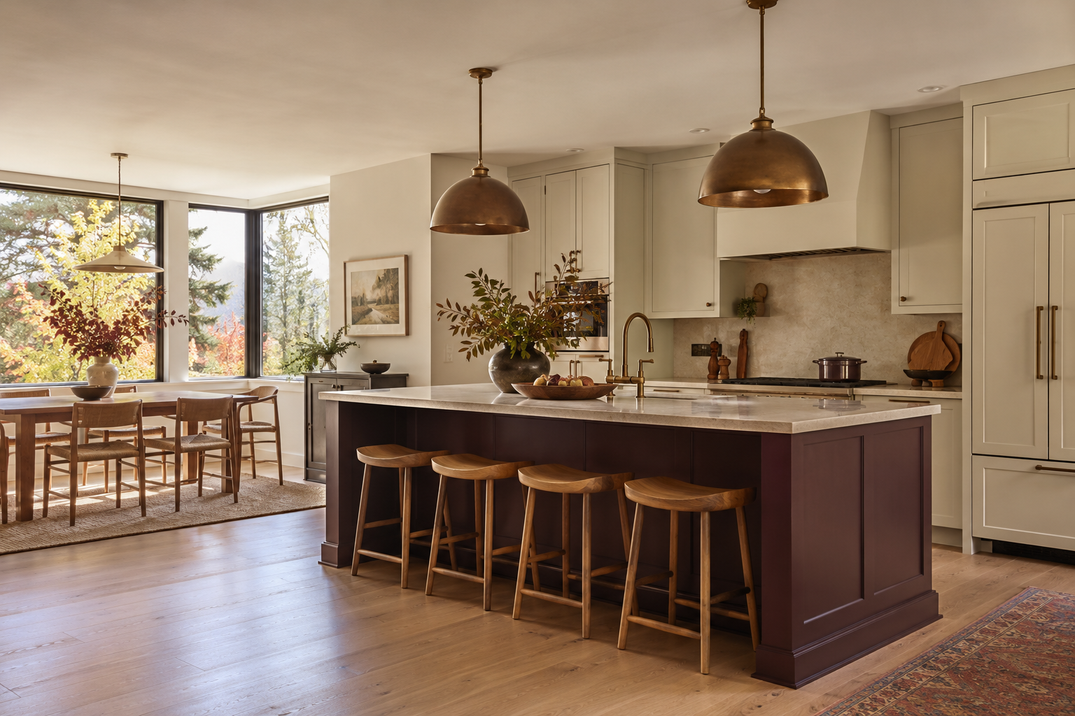 Modern kitchen with a large island, pendant lighting, and a dining area with sunlight streaming through large windows showing trees outside.