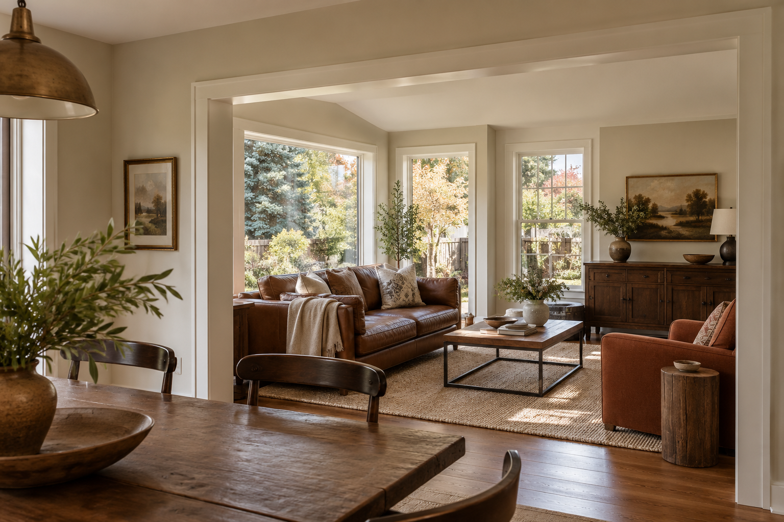 Bright living room with large windows, leather sofa, armchair, wooden coffee table, and sideboard, decorated with plants and landscape art.