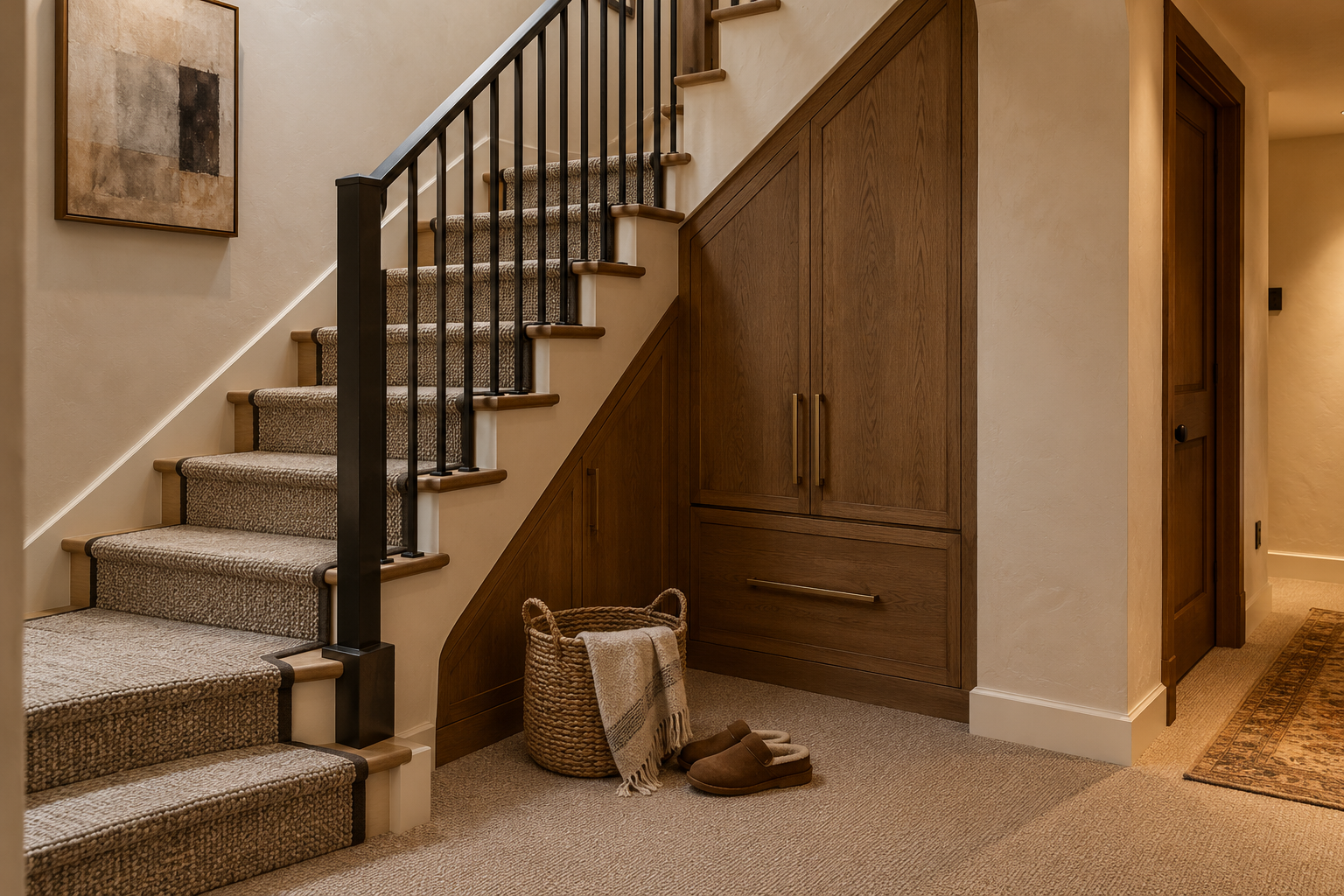 Interior of a home's staircase area with carpeted stairs, a wooden storage cabinet with double handles, a basket with a towel inside, a pair of slippers, and a wall hanging art piece.