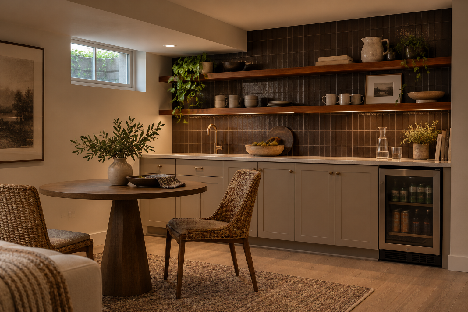 Modern kitchen and dining area with wooden table, wicker chairs, neutral-colored cabinets, open shelves with dishes and decorative items, and a window letting in natural light.