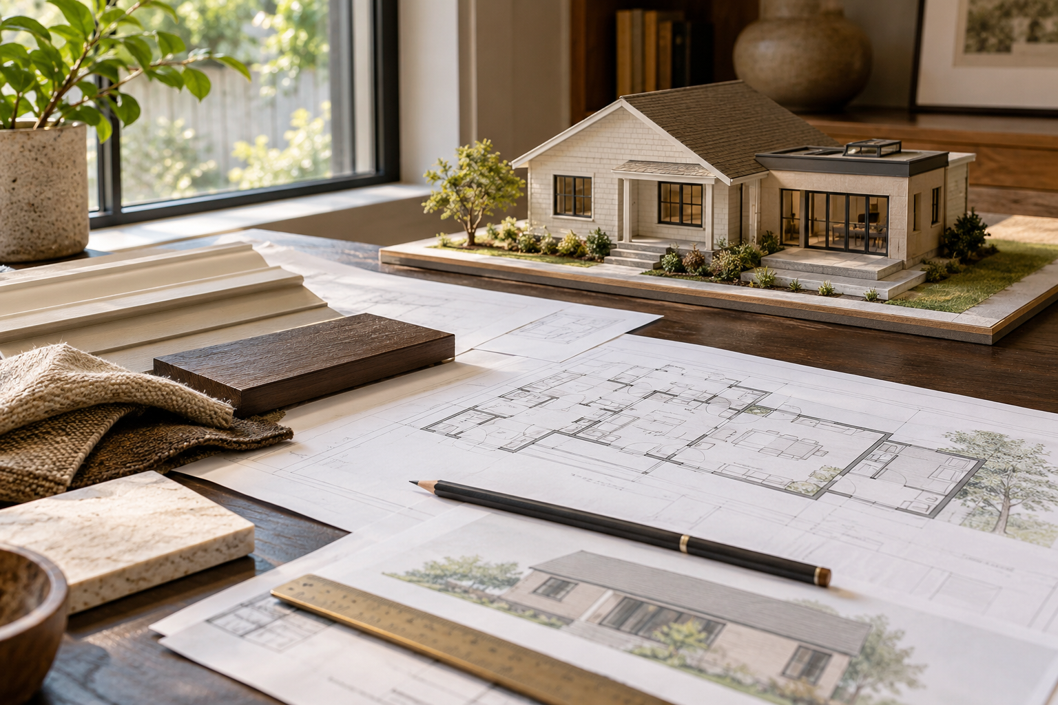 Architectural models and blueprints of a house on a wooden table, with fabric samples and a plant nearby.