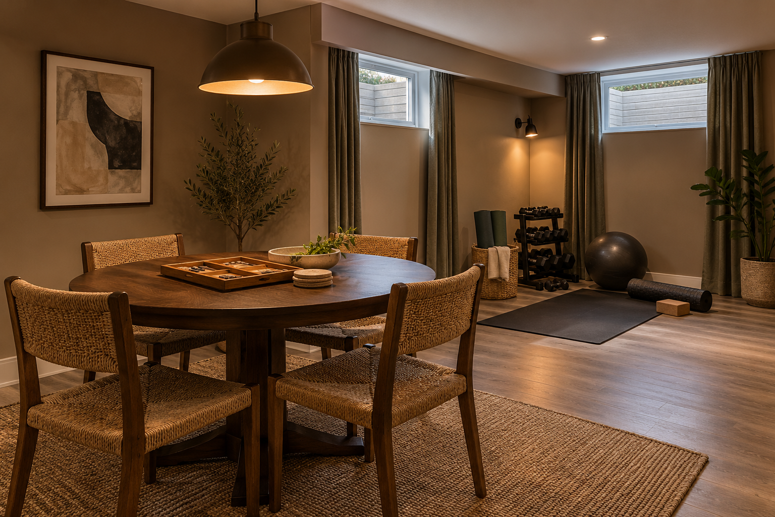 Interior of a basement with a wooden dining table, four chairs, a small step stool, a gym area with a yoga mat, exercise ball, dumbbells, workout accessories, and large windows with curtains.