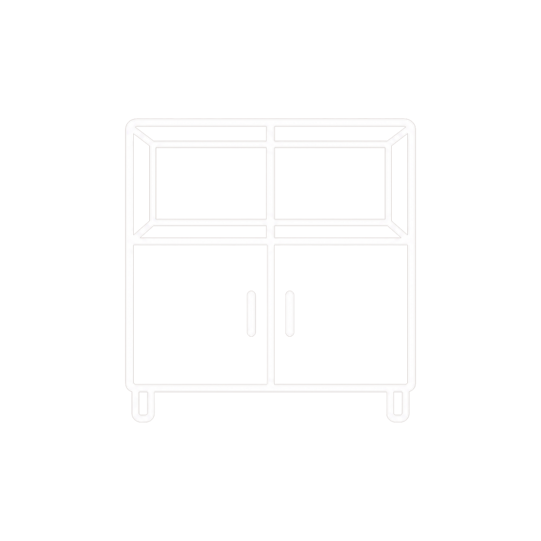A white storage cabinet with two glass doors on the top and two solid doors on the bottom, set against a black background.