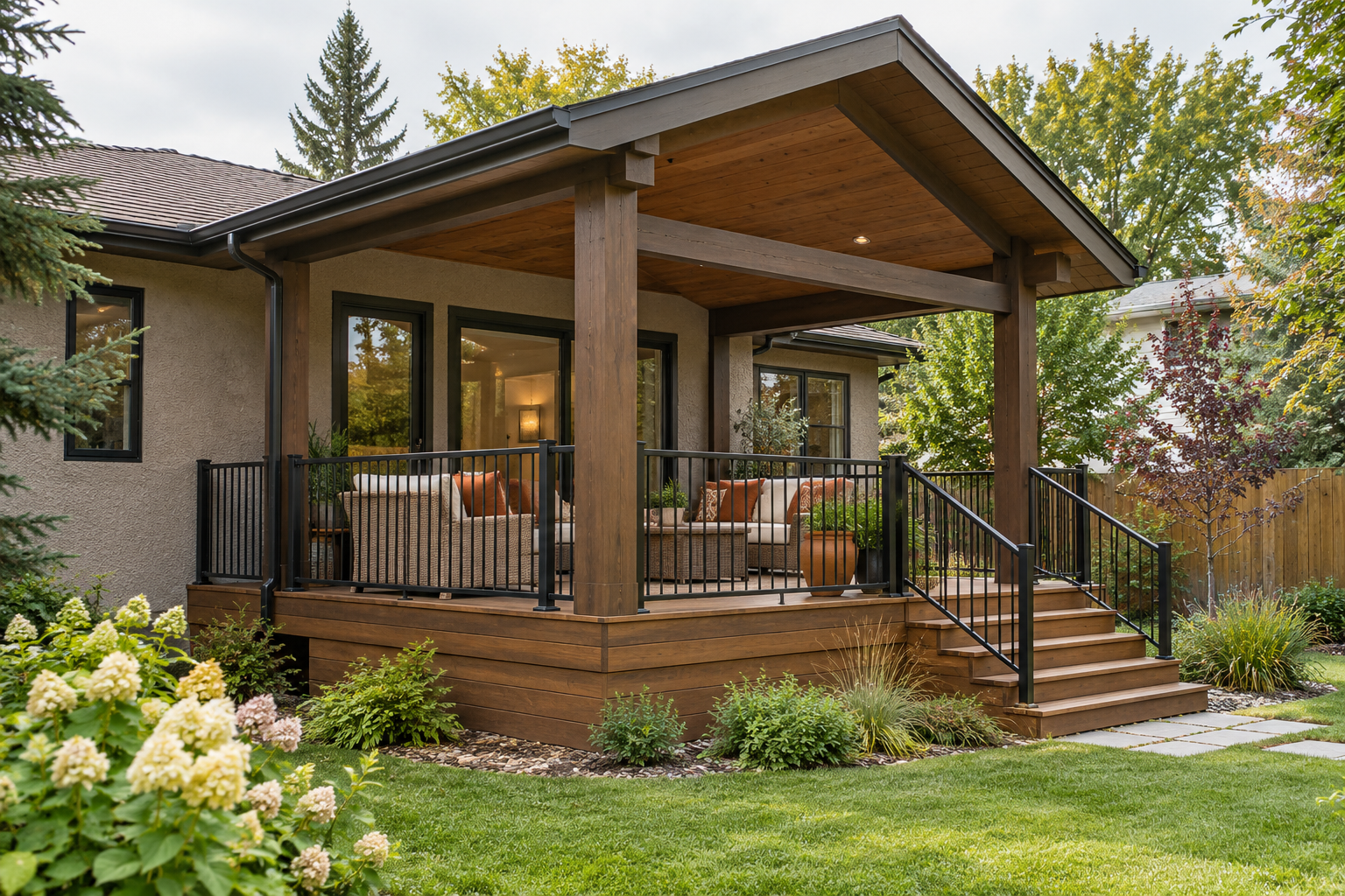 Backyard patio with wooden deck, black metal railing, outdoor furniture, and lush landscaping.