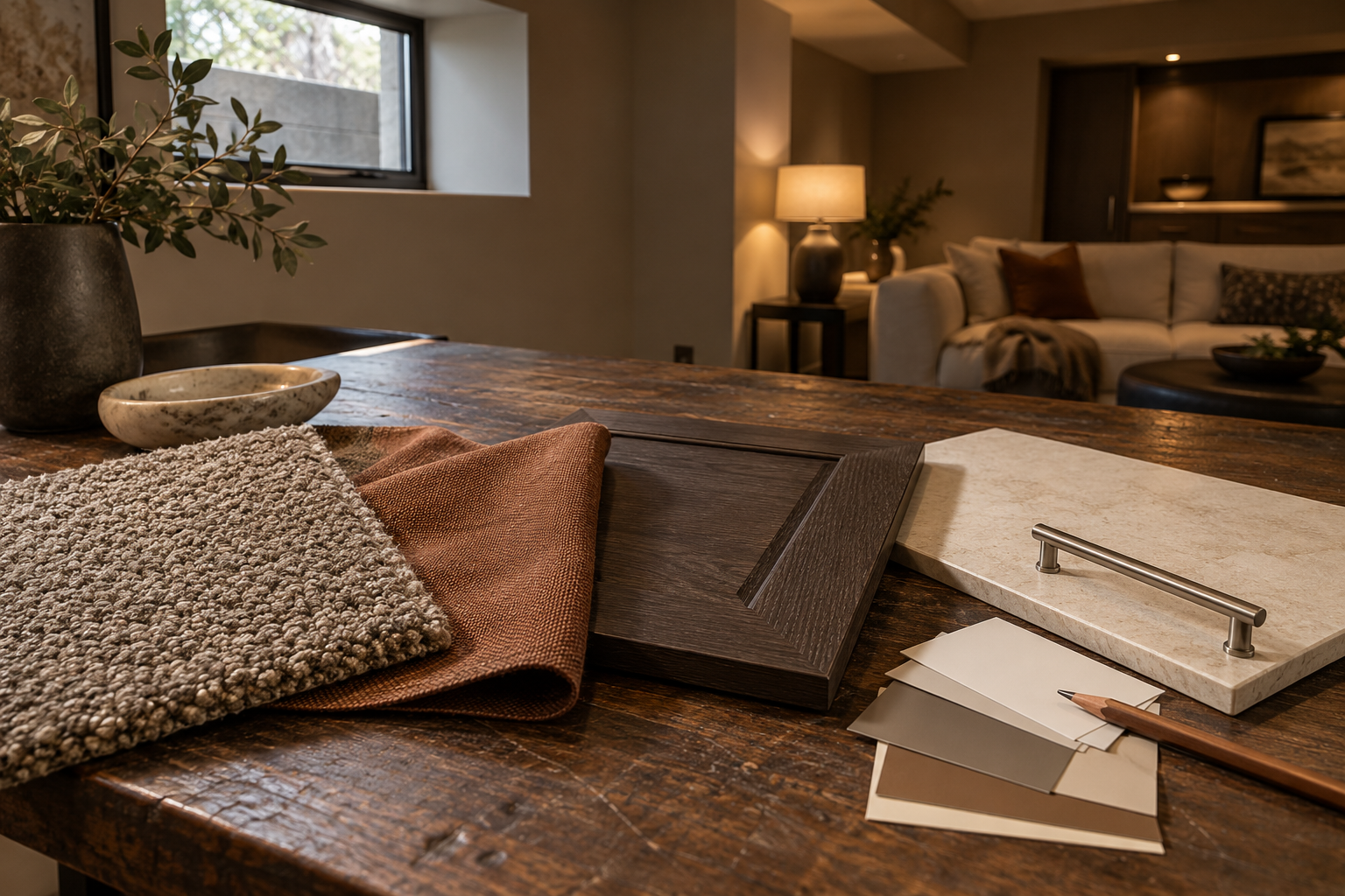 Interior of a living room with a wooden table displaying fabric samples, paint swatches, a pen, and decorative items, with a white sofa, side table with lamp, and window in the background.