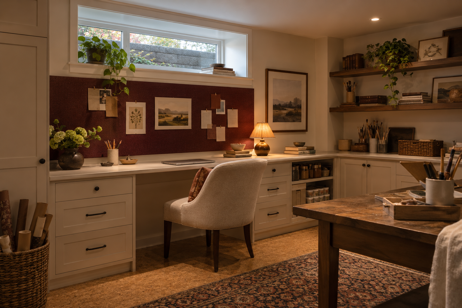 A cozy, well-lit home studio with white cabinets, a desk decorated with books and a lamp, framed landscape artwork, and open wooden shelves with books, plants, and art supplies.