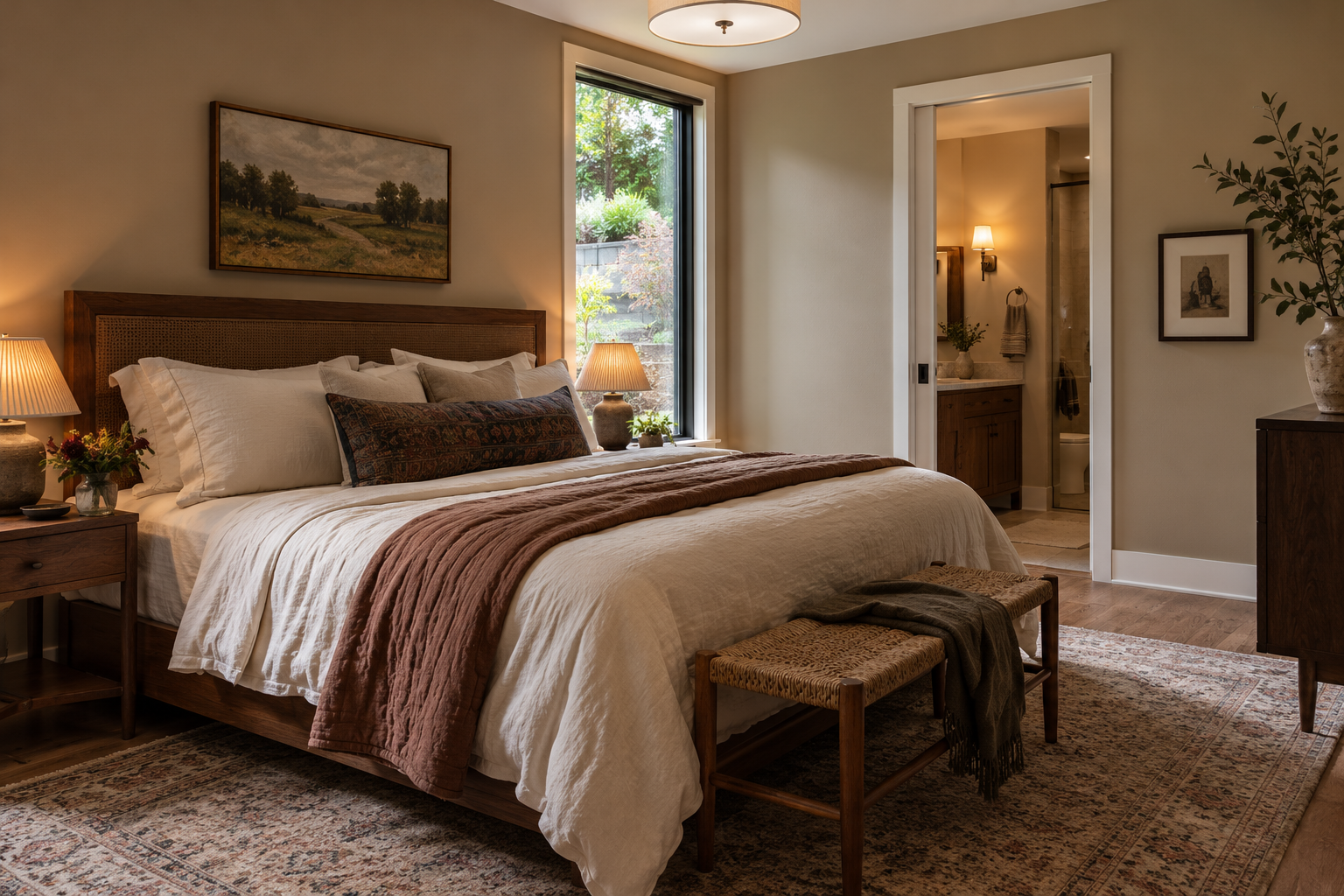 A cozy bedroom with a large bed, decorated with white bedding, multiple pillows, and a brown throw blanket. There are nightstands with lamps on each side of the bed, and a window behind the bed showing greenery outside. A bench with a blanket is at the foot of the bed. To the right, there is a doorway leading to a bathroom with a vanity and a lit mirror, and the bedroom has a patterned area rug on wooden flooring.