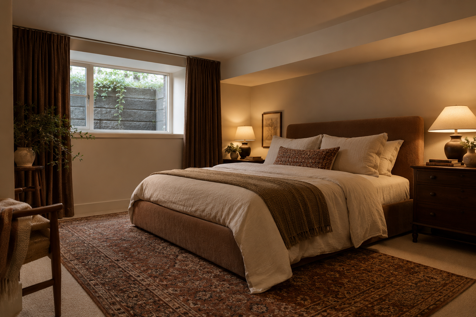 A cozy bedroom with a large bed, brown headboard, cream bedding, decorative pillow, and a brown throw blanket. There are two wooden nightstands with lamps, plants, and books. A window with brown curtains reveals an outside stone wall and greenery. The room features an oriental rug and warm lighting, creating a comfortable atmosphere.