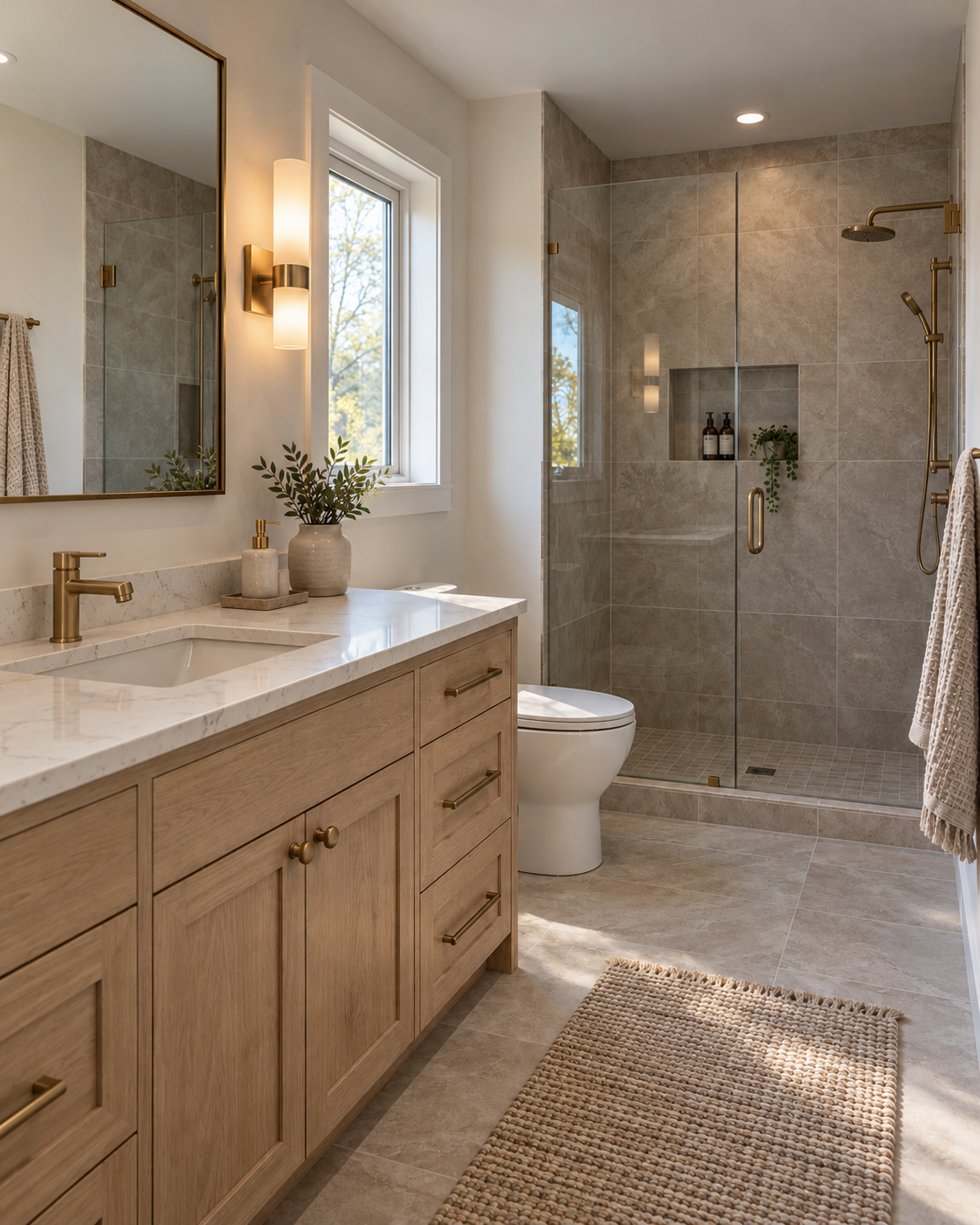 A modern bathroom with a wooden vanity, marble countertop, large mirror, beige tiles, walk-in shower with glass doors, and gold fixtures. Natural light comes through a window near the sink.