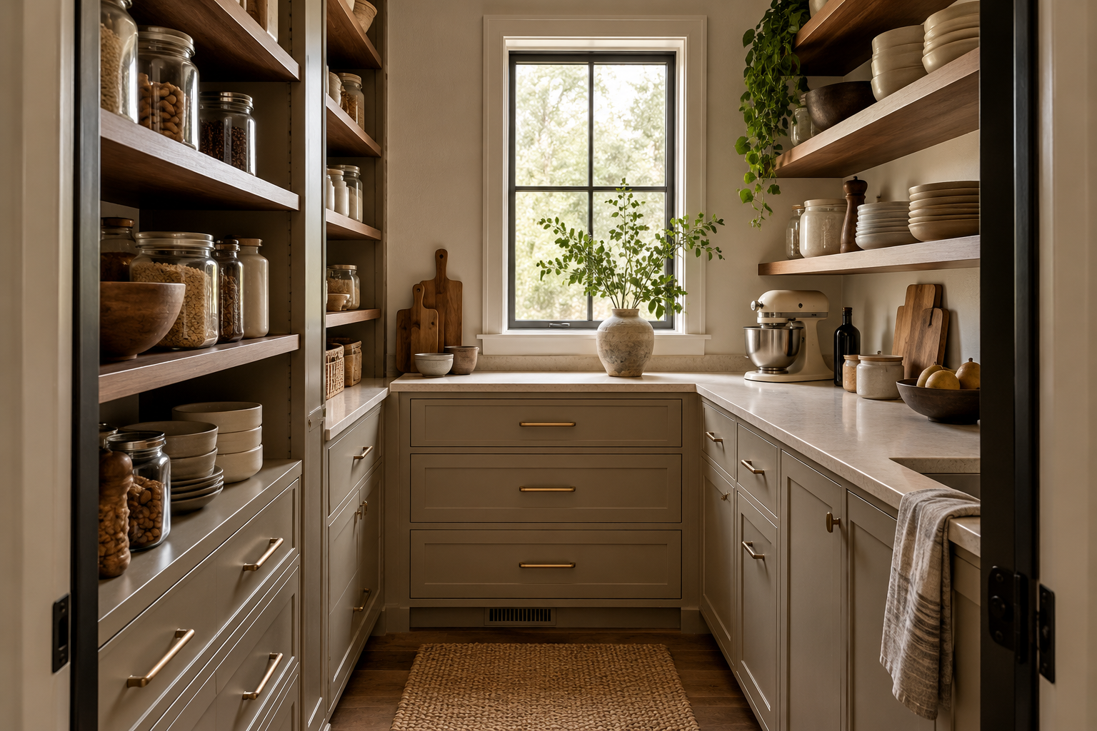 A cozy, well-organized kitchen with open shelves filled with glass jars of dry goods like nuts and grains, gray cabinets with brass handles, a window with greenery outside, and various kitchen items including a stand mixer and ceramic bowls.