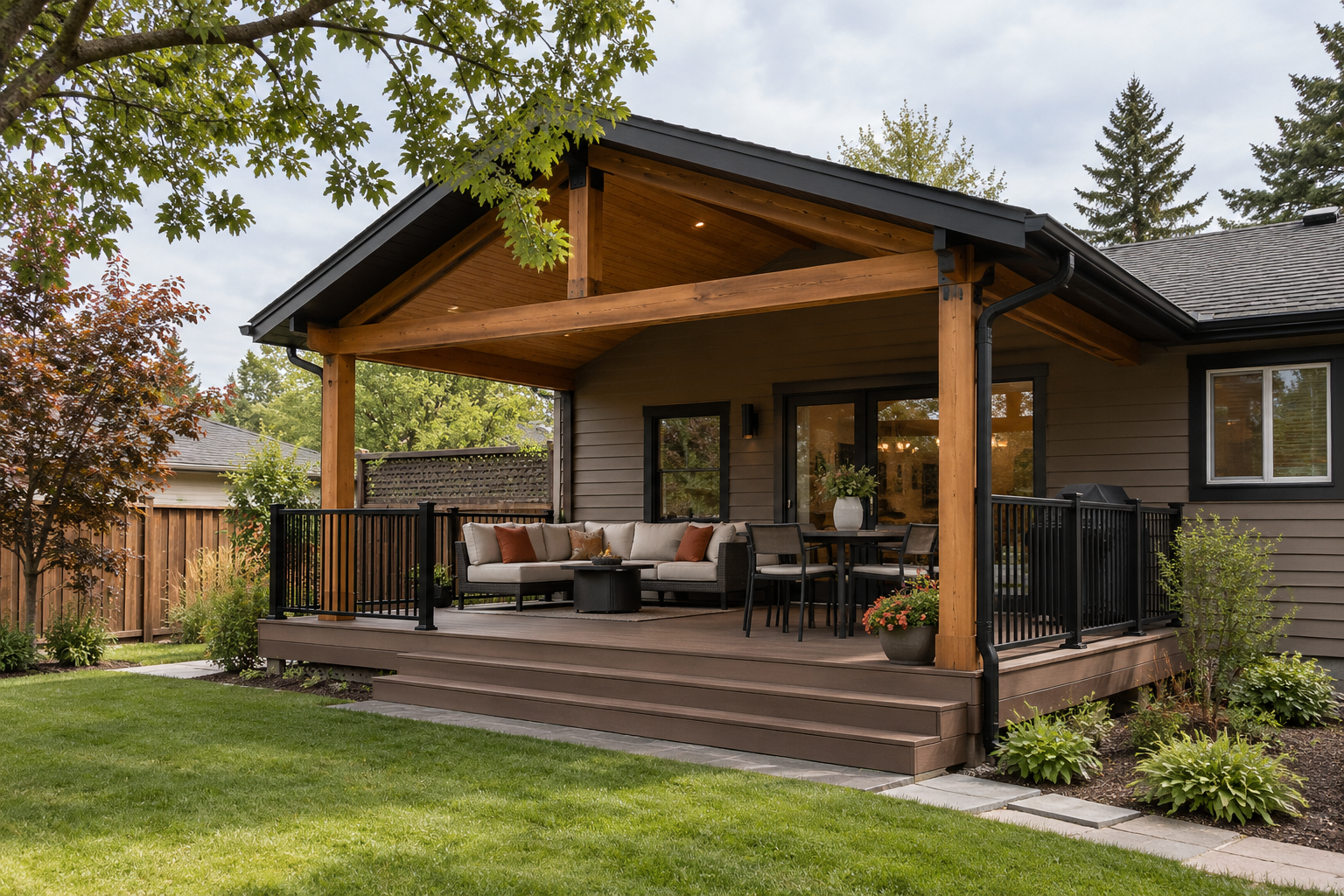 A backyard patio with a wooden deck, black railing, outdoor seating with cushions, a dining table with chairs, potted plants, and a garden with greenery and trees in the background.