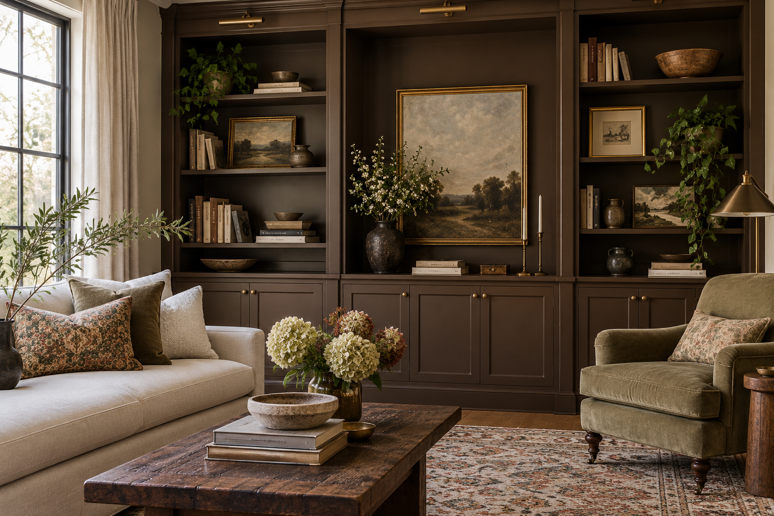 A living room with a beige sofa and a green armchair, decorated with patterned pillows, and a wooden coffee table with a vase of flowers and books. Dark built-in bookshelves with framed artwork, books, and decorative items are in the background. A window with curtains lets in natural light.