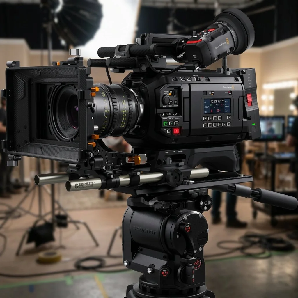 Professional digital video camera mounted on a tripod with various controls and a monitor, in a studio setting.