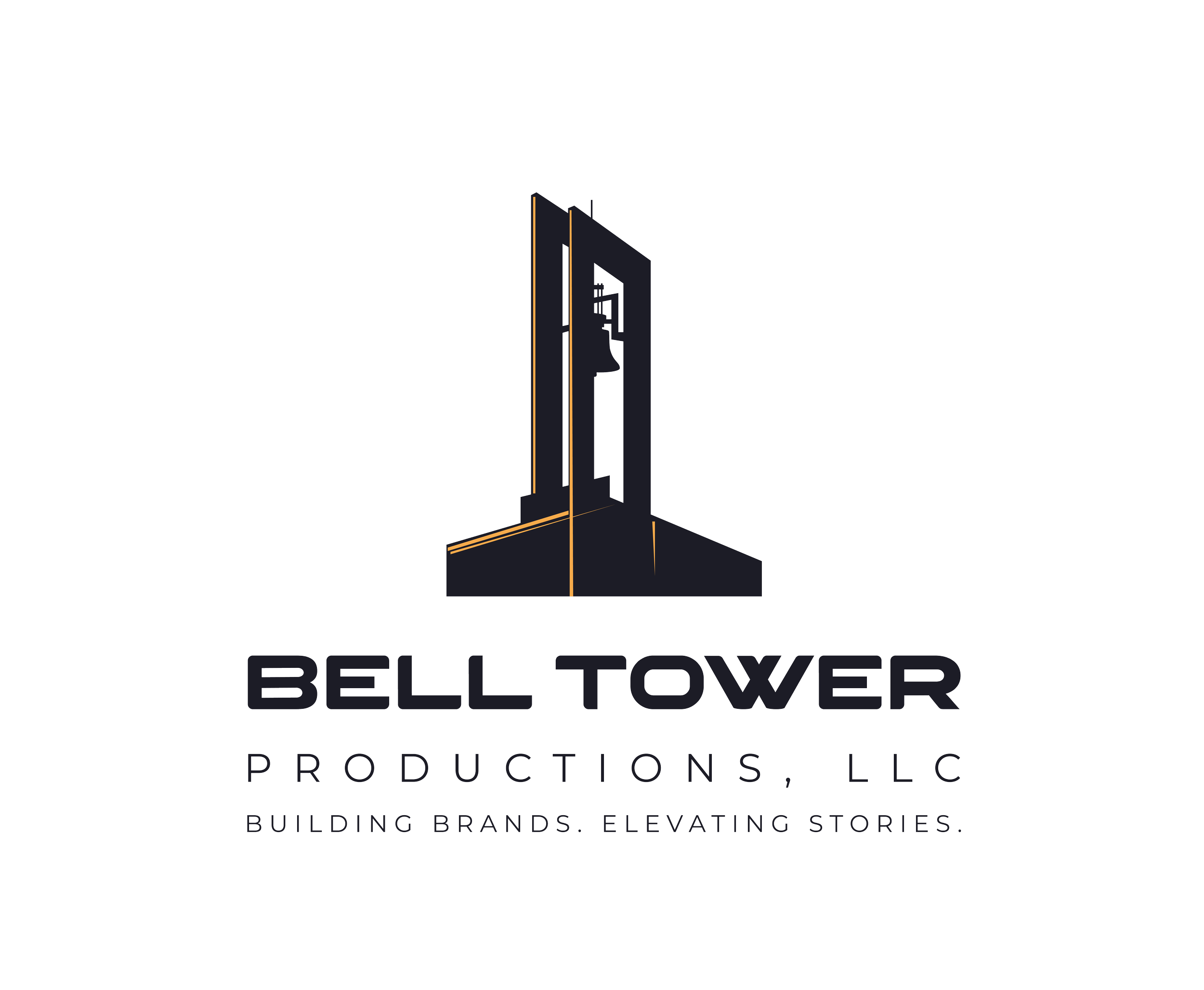 A logo for Bell Tower Productions LLC featuring a stylized bell tower with orange accents and the company name beneath it.