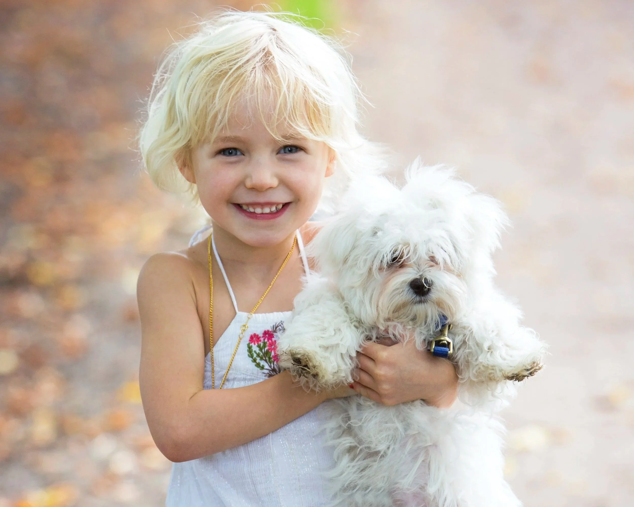A young blonde girl smiling while holding a small white fluffy dog outdoors in a park or forest with trees in the background.