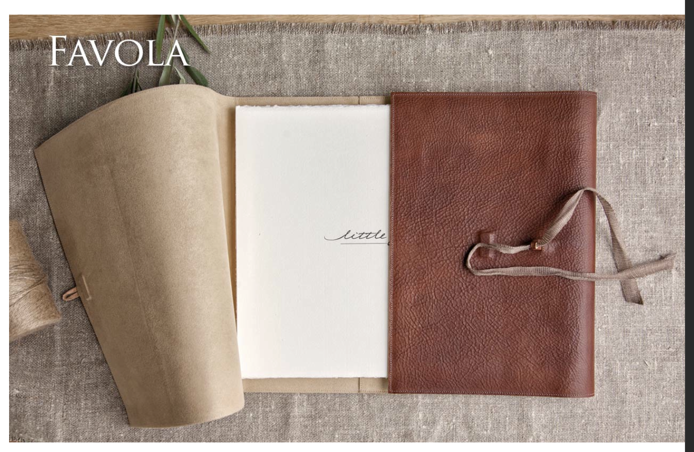 Open leather-bound notebook with blank pages and a red textured leather sleeve. The notebook is on a textured beige fabric surface, with a small green plant in the top left corner.