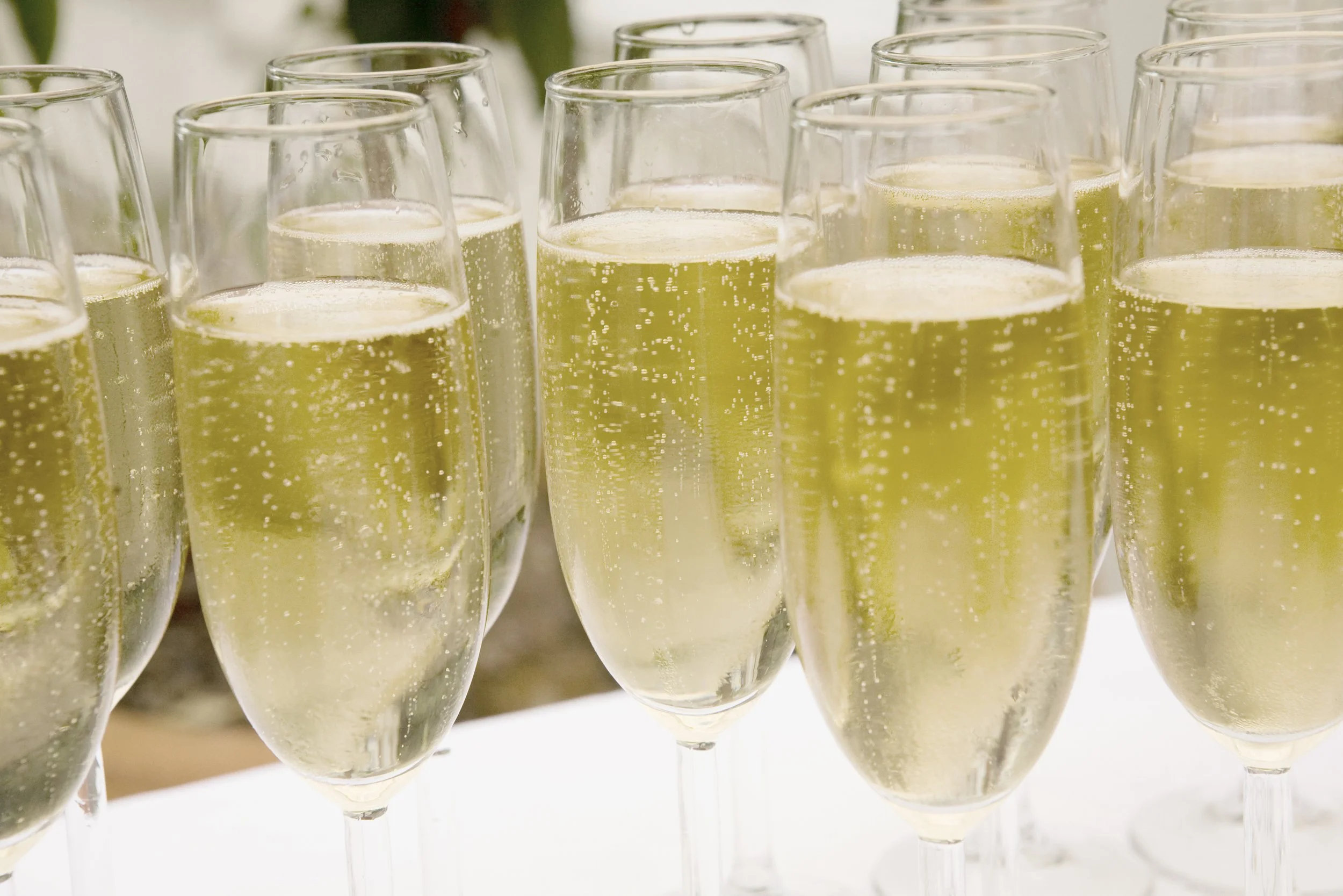 Multiple champagne flutes filled with sparkling wine, arranged on a white surface.