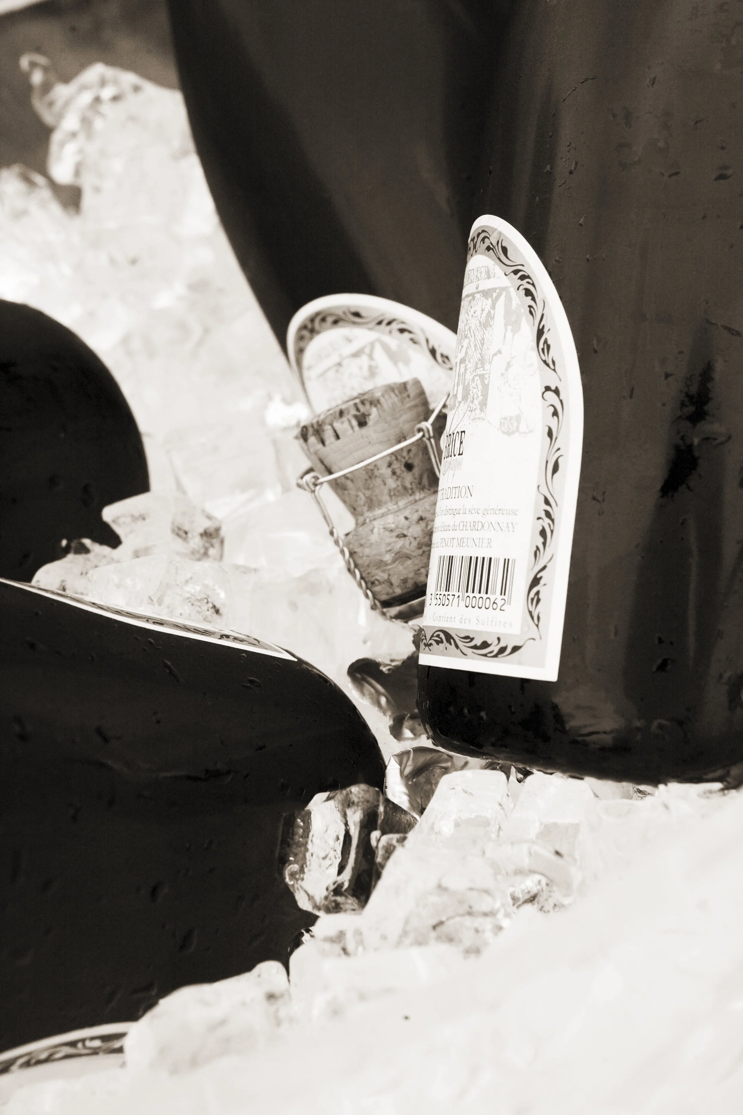 Two wine bottles lying in ice with wine labels partially visible.