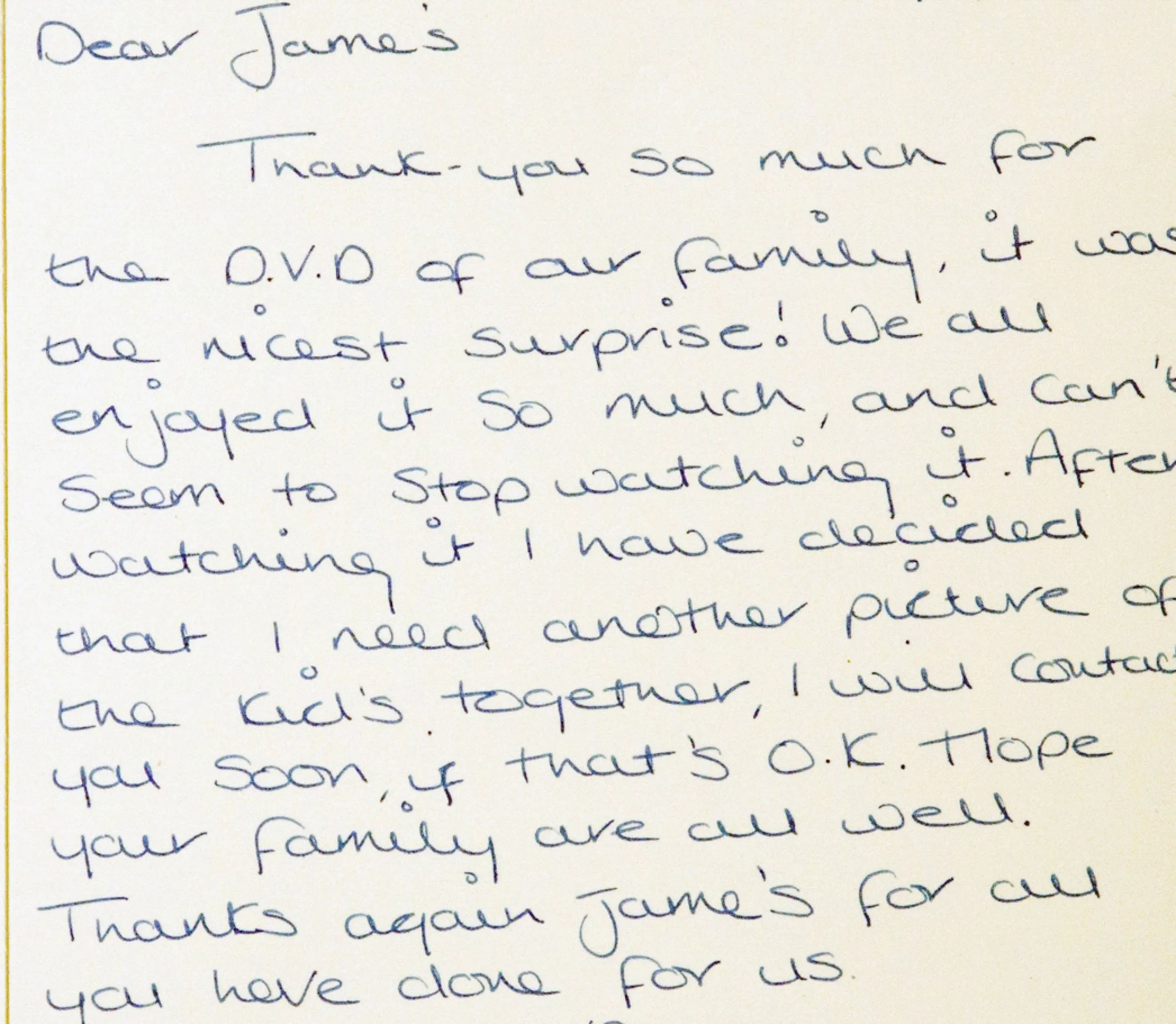 Handwritten thank you letter addressed to James, expressing gratitude for a surprise DVD and mentioning plans to contact the kids.