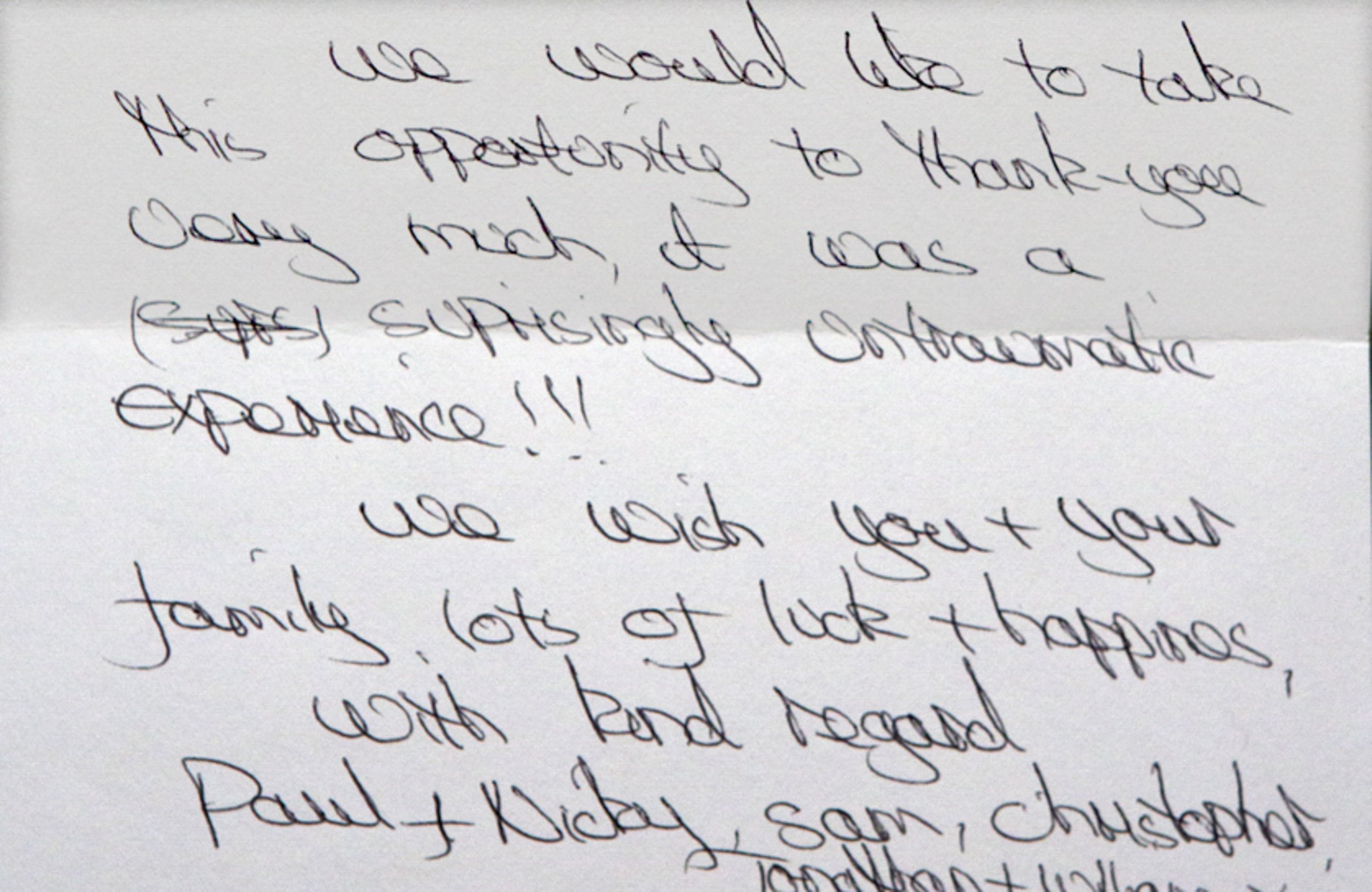 A handwritten letter on white paper expressing gratitude for support and mentioning specific individuals.